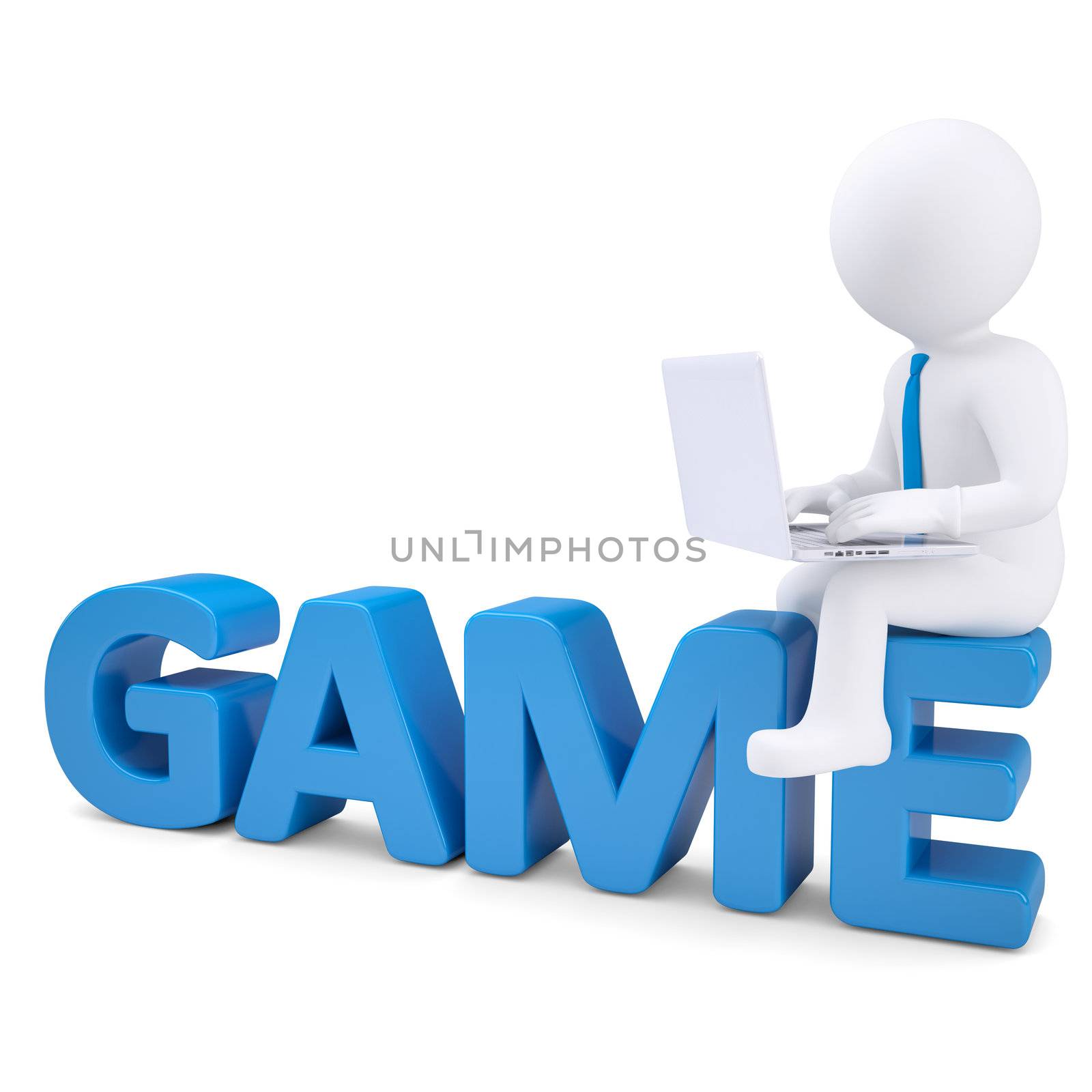 3d white man with laptop sitting on the word GAME. Isolated render on a white background