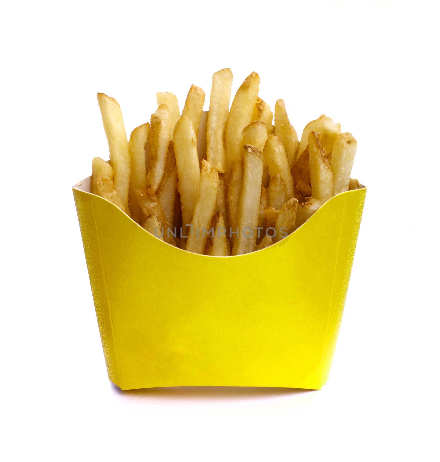 French fry in yellow box isolated on white nackground