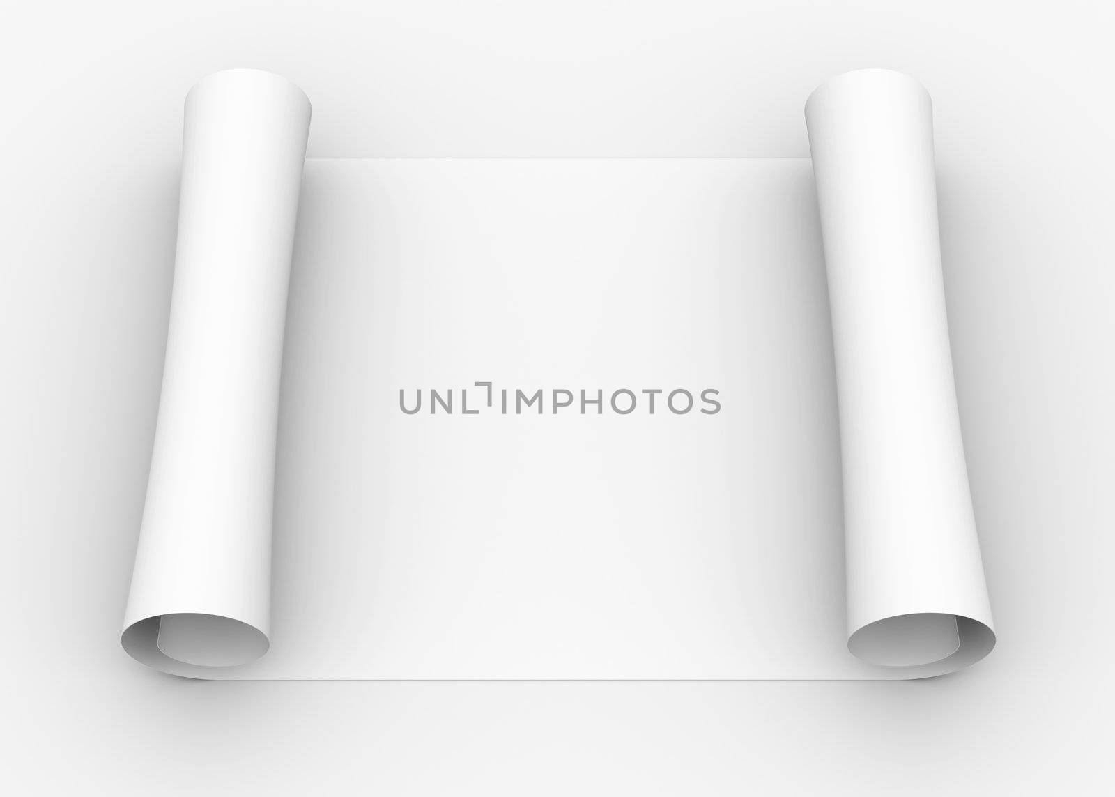 Scroll of white paper. Isolated render on a gray background