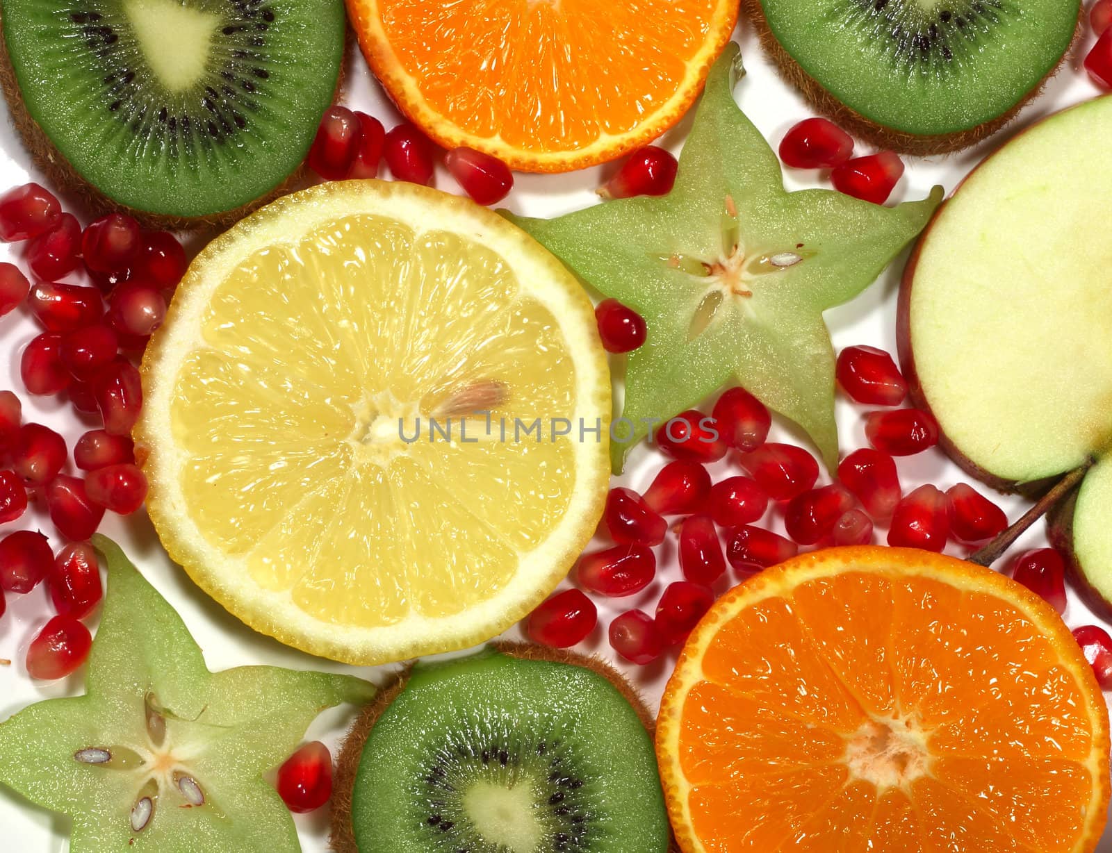 Fruit background with different cross sections of colorful fruits