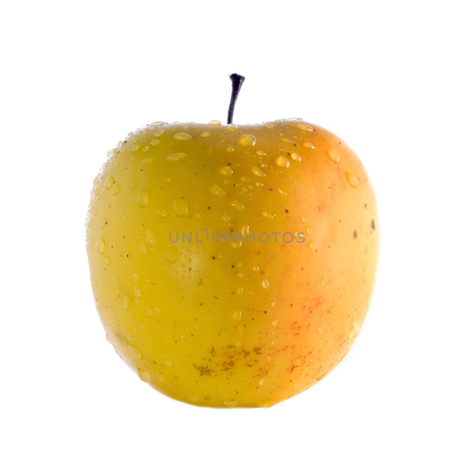 Stock photo: an image of a big yellow apple with drops of water on it