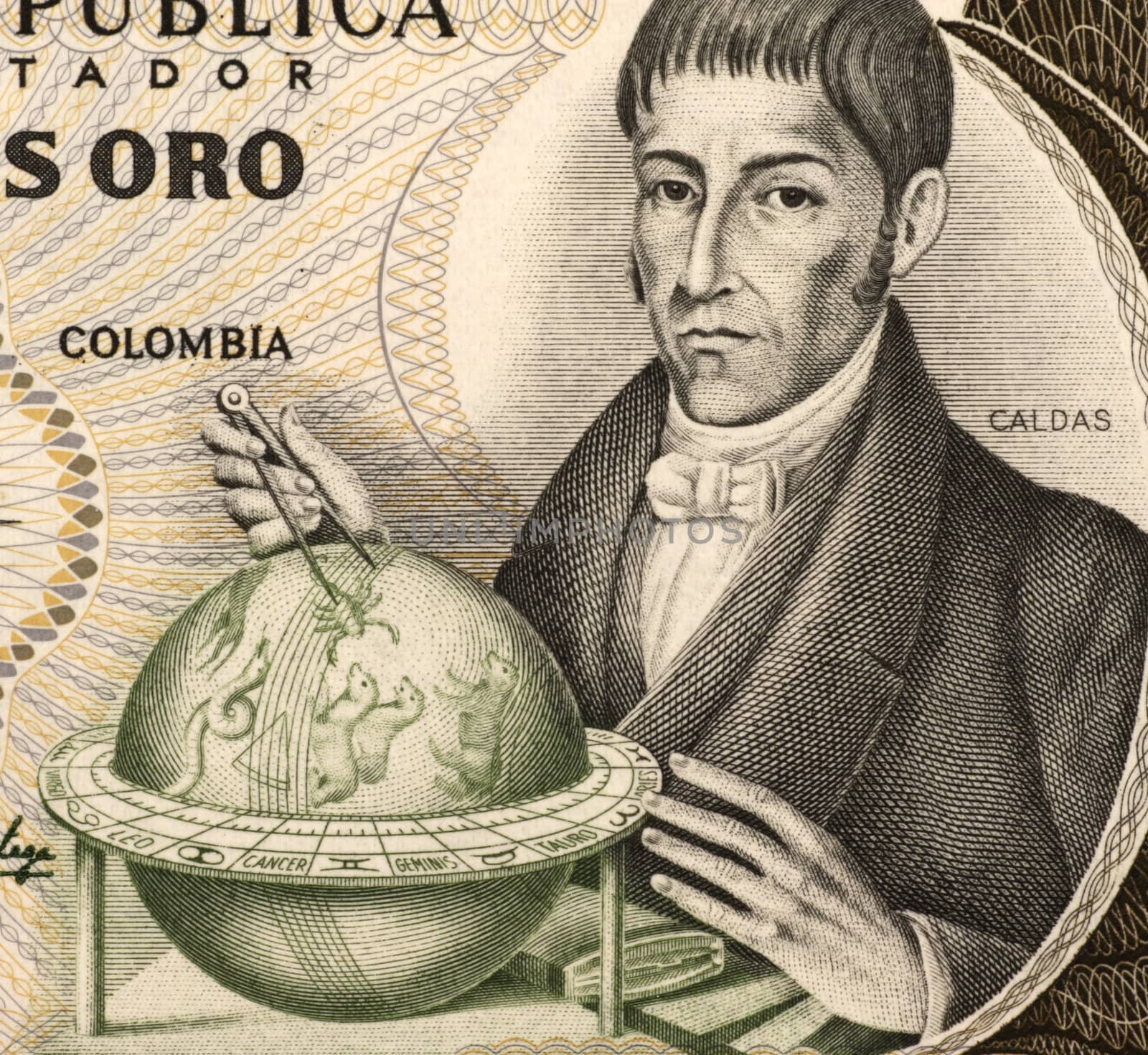 Francisco Jose de Caldas (1768-1816) on 20 Pesos Oro 1983 Banknote from Colombia. Colombian lawyer, naturalist and geographer who died a martyr during the Reconquista for being a precursor of the Independence of Colombia.