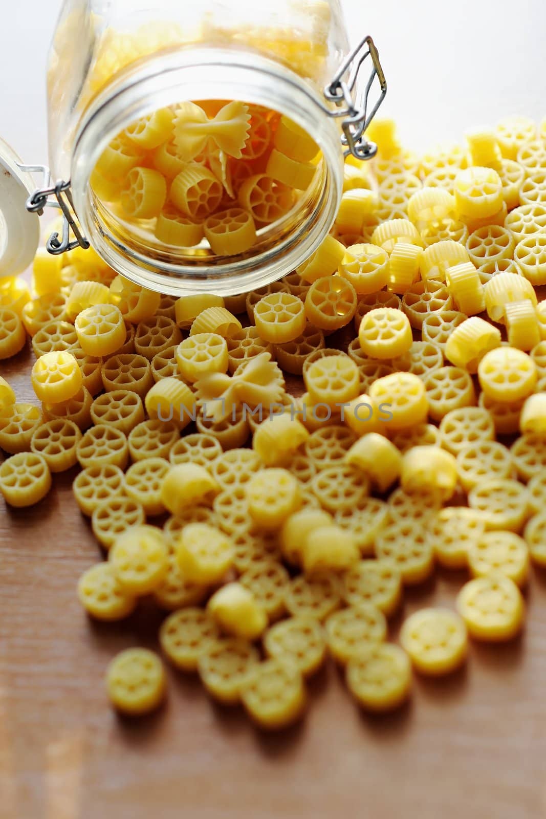 An image of yellow pasta on the kitchen table