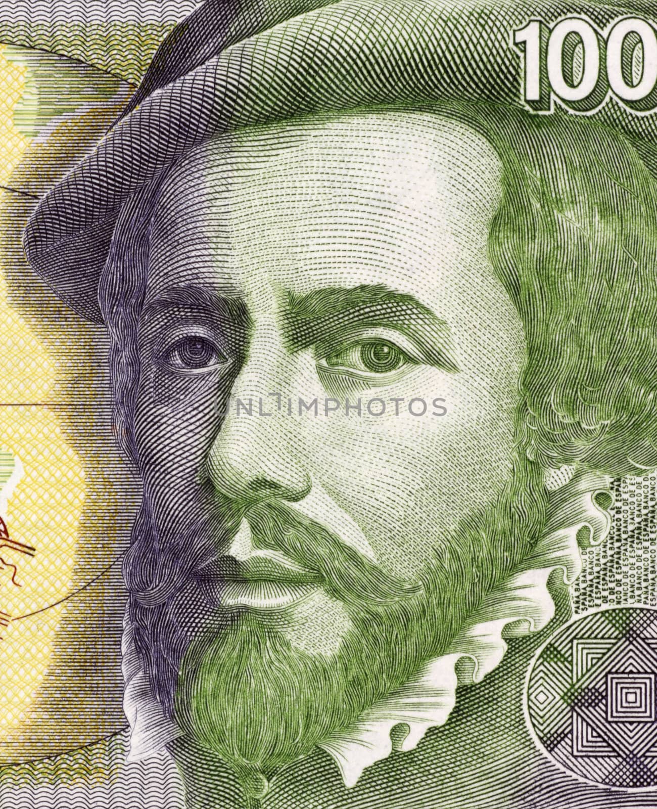Hernan Cortes (1485-1547) on 1000 Pesetas 1992 Banknote From Spain. Spanish Conquistador who led an expedition that caused the fall of the Aztec Empire.