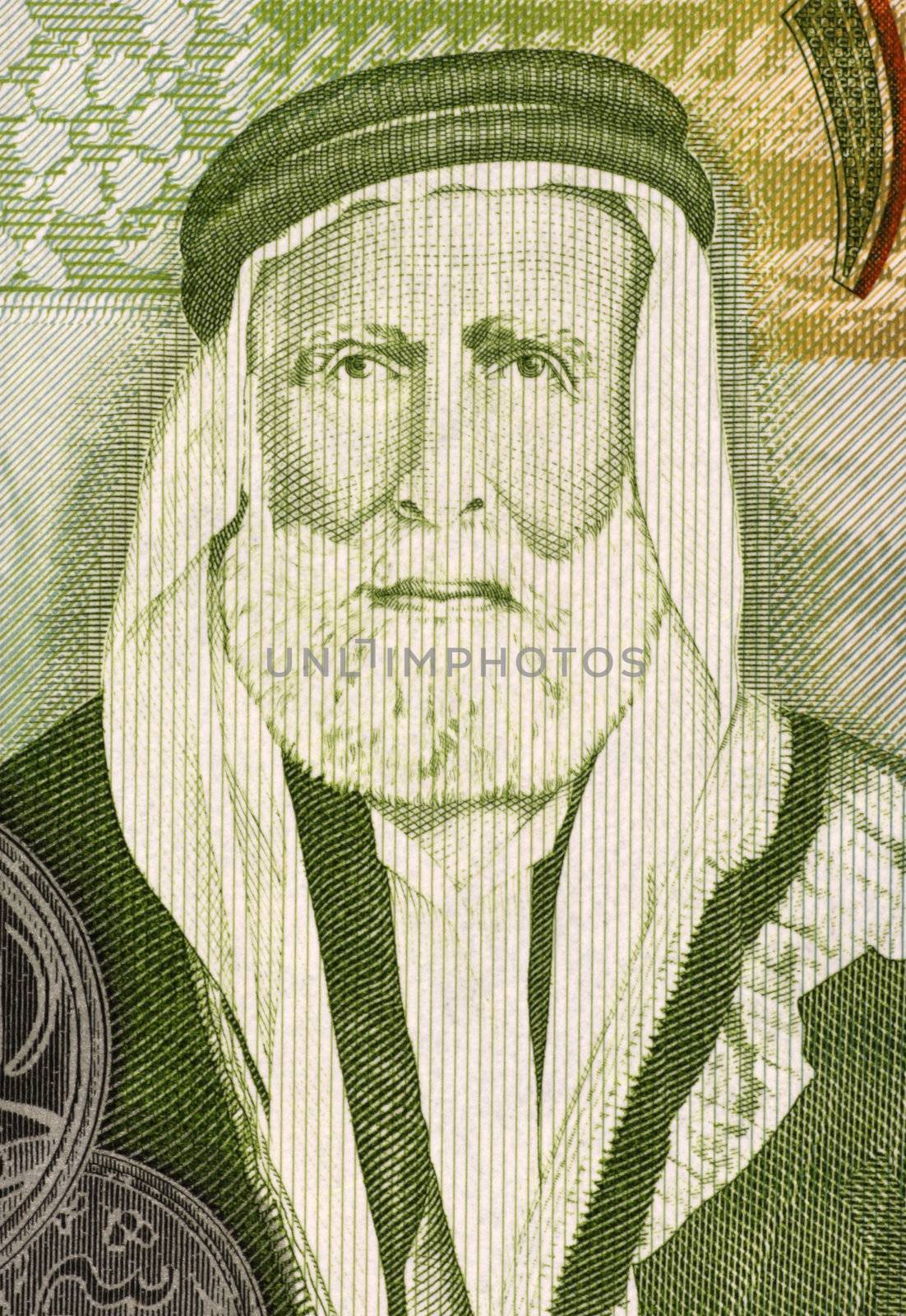 Hussein bin Ali (1854-1931) on 1 Dinar 2011 Banknote from Jordan. Sharif of Mecca, and Emir of Mecca during 1908-1917, when he proclaimed himself King of the Hejaz. He initiated the Arab Revolt in 1916 against the increasingly nationalistic Ottoman Empire during the course of the First World War.