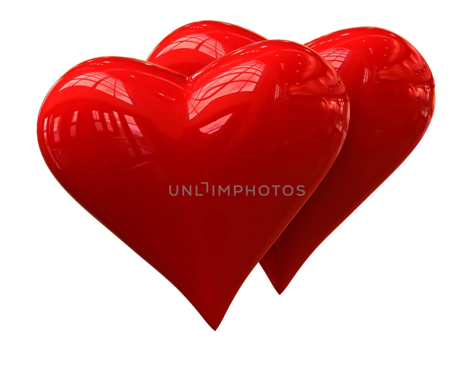 A couple of shiny red hearts on a white background