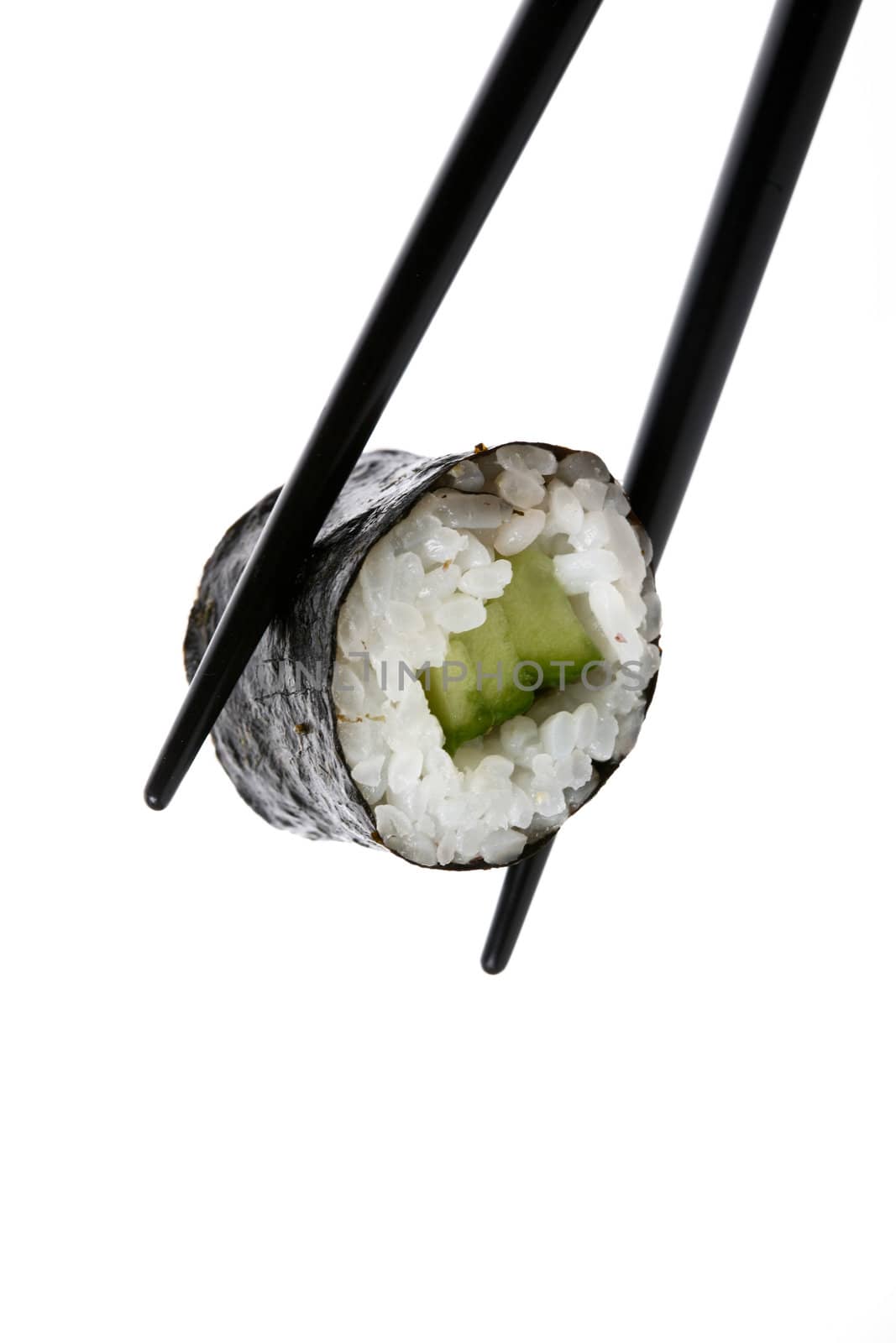 Stock Photo: Sushi-roll with chopsticks isolated on white