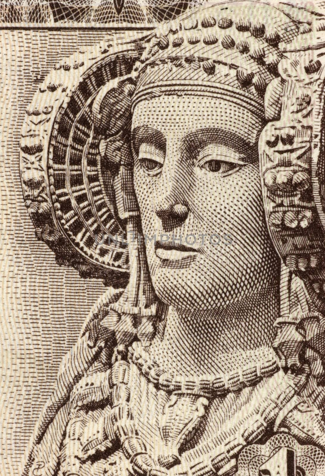 Lady of Elche on 1 Peseta 1948 Banknote from Spain. The Lady of Elche is a sculpture of limestone bust of a woman, dated fifth century or fourth century BC.