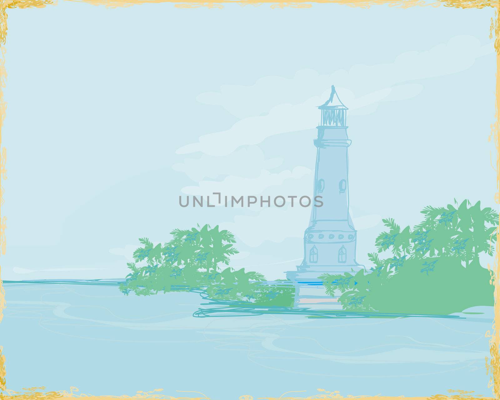 lighthouse seen from a tiny beach - Grunge Poster