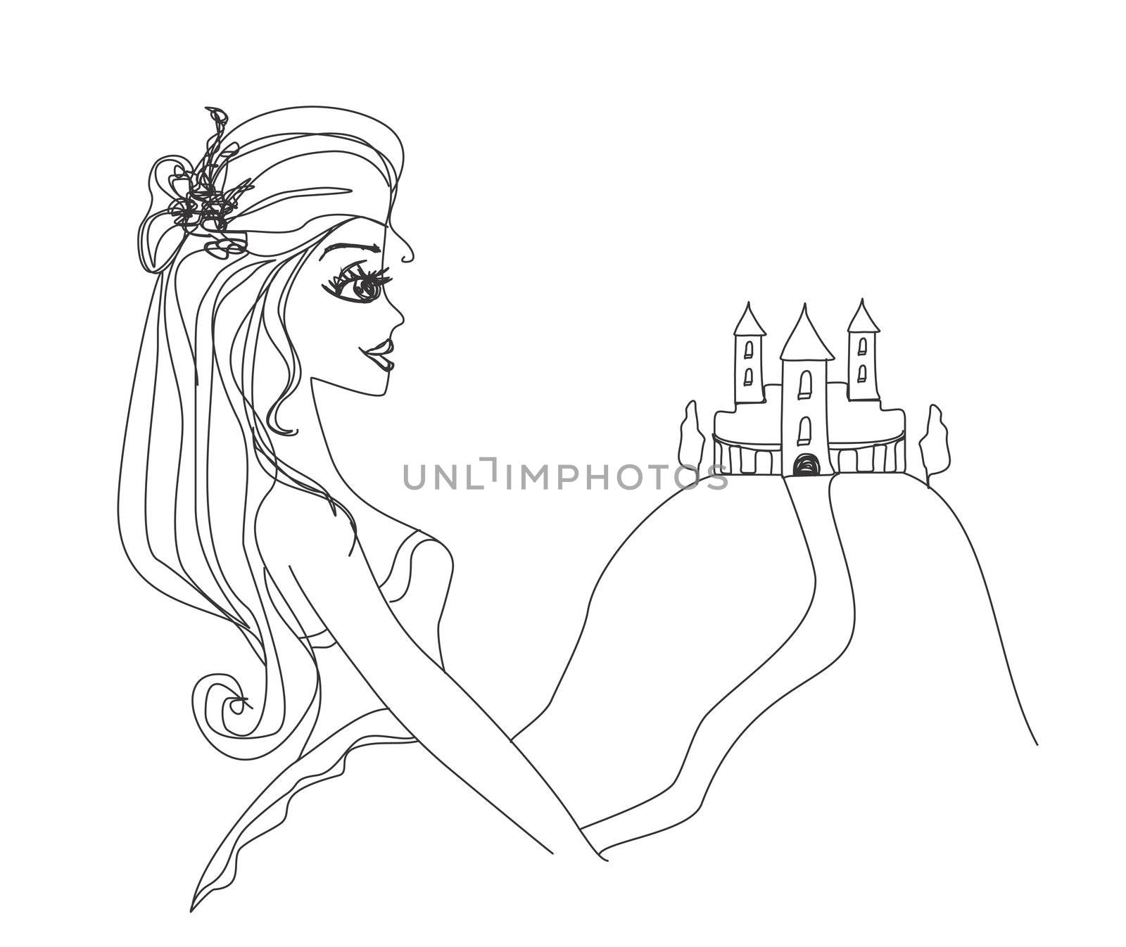 Beautiful young princess in front of her castle - doodle illustration