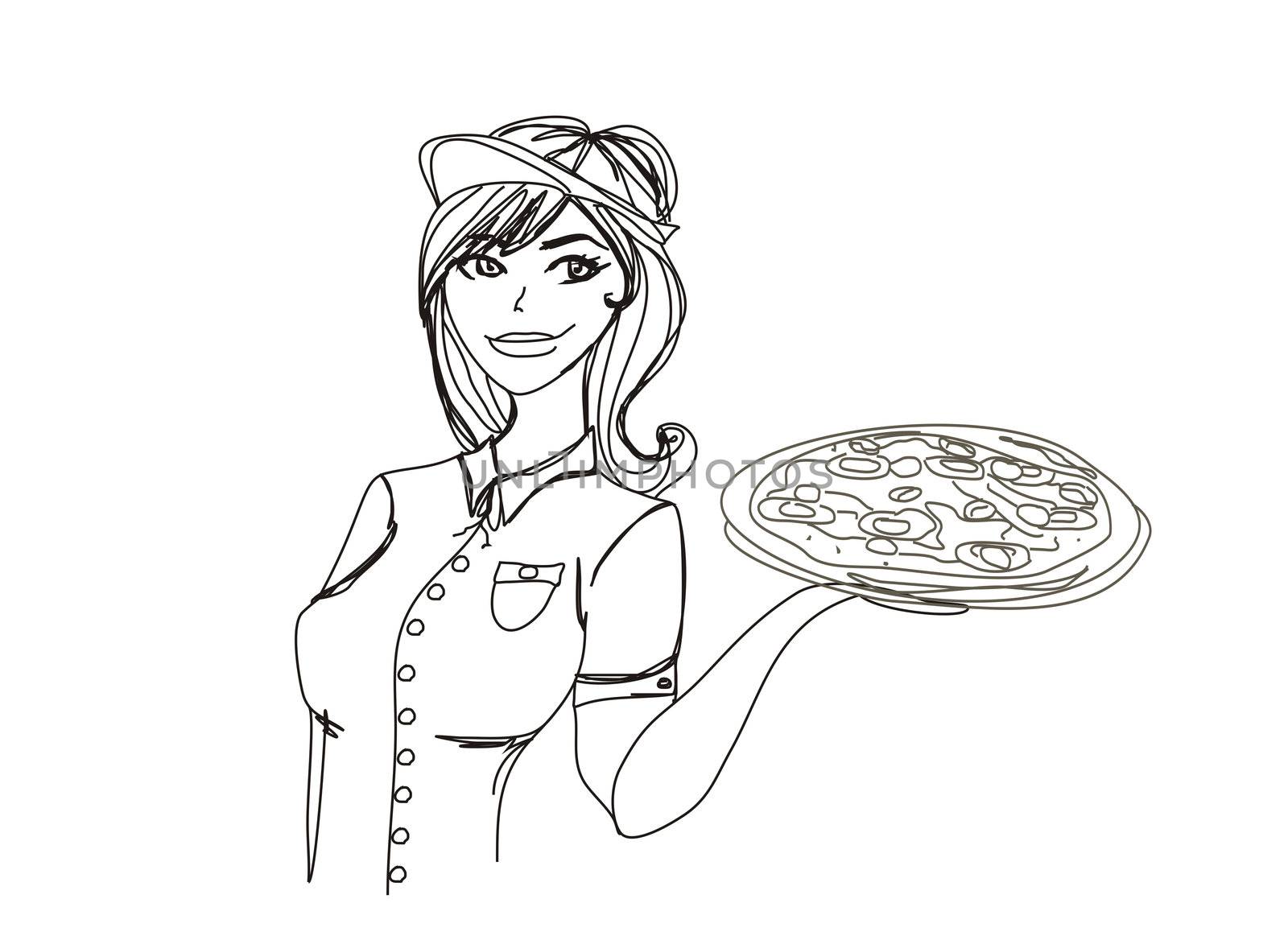 Young waitress with pizza. doodle