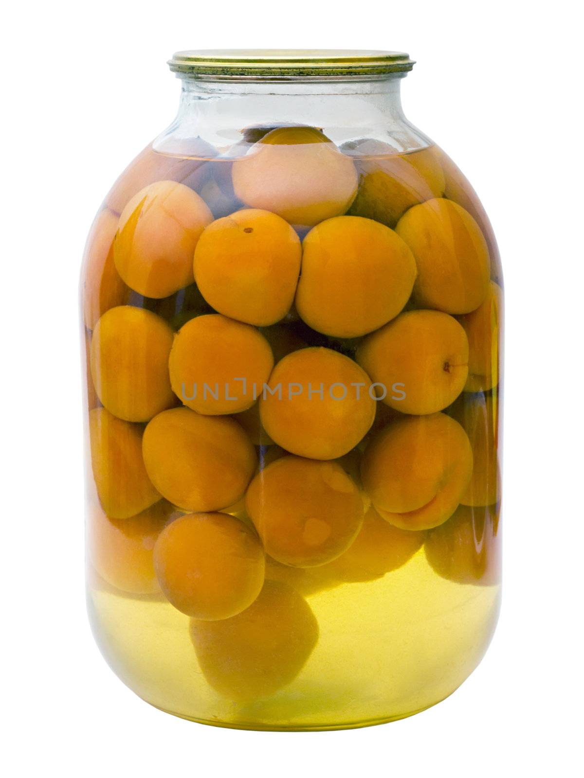 glass jar with a compote of canned apricots by Plus69
