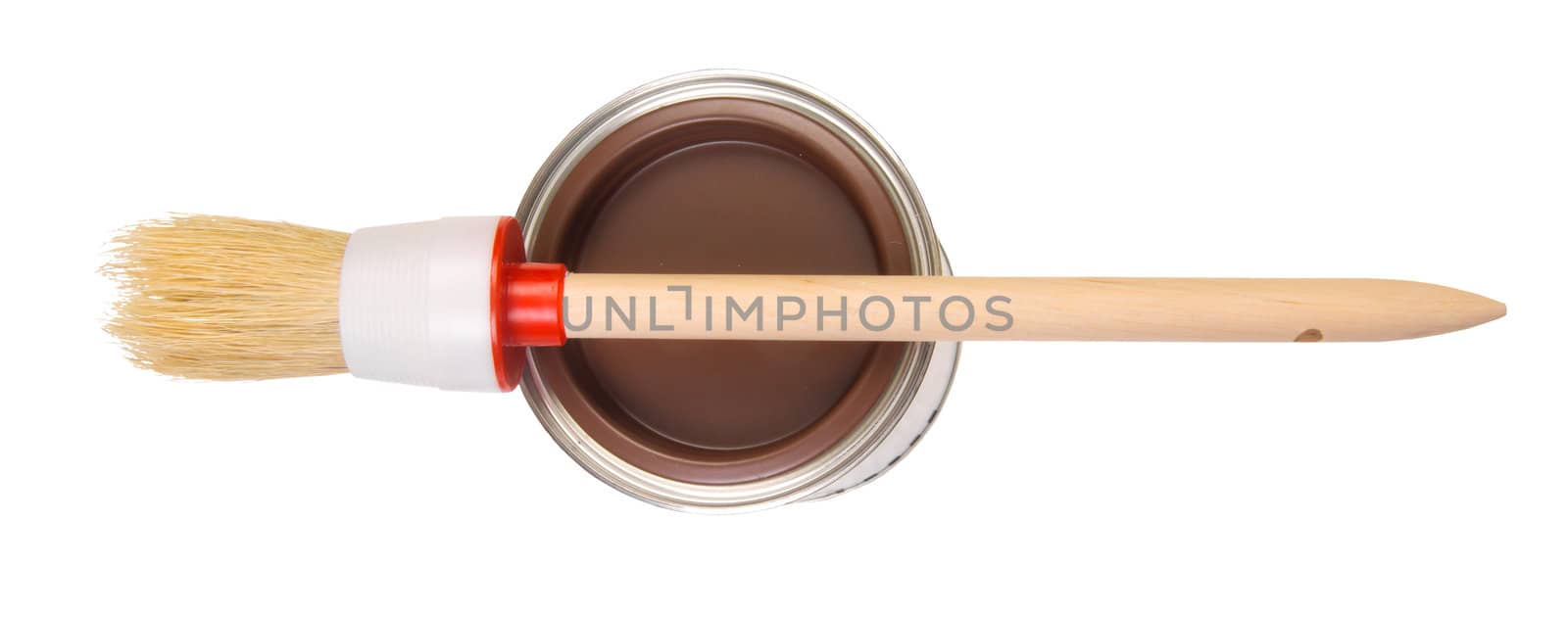 Brown paint can with brush, isolated on white