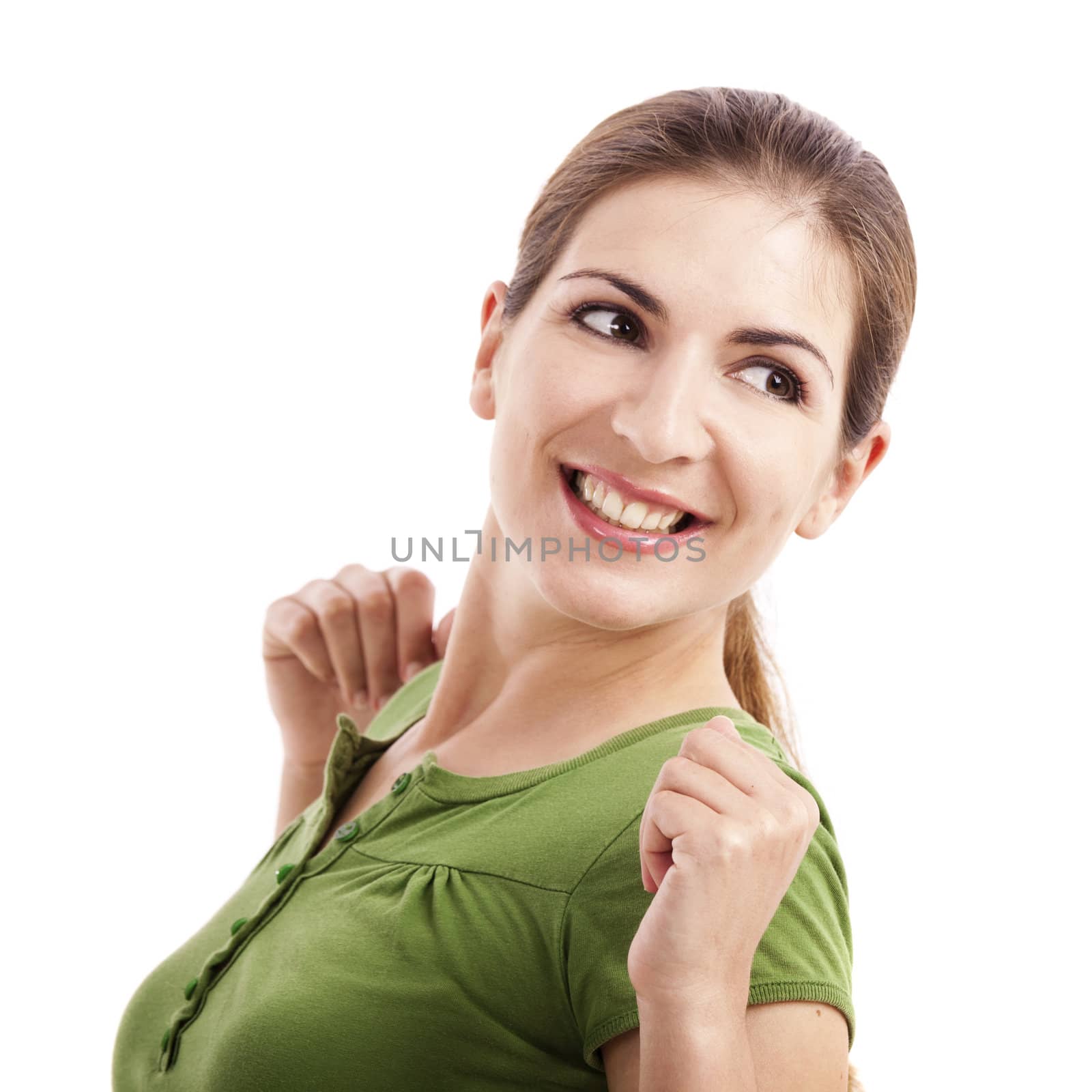 Portrait of a beautiful young woman smiling, isolated over white background