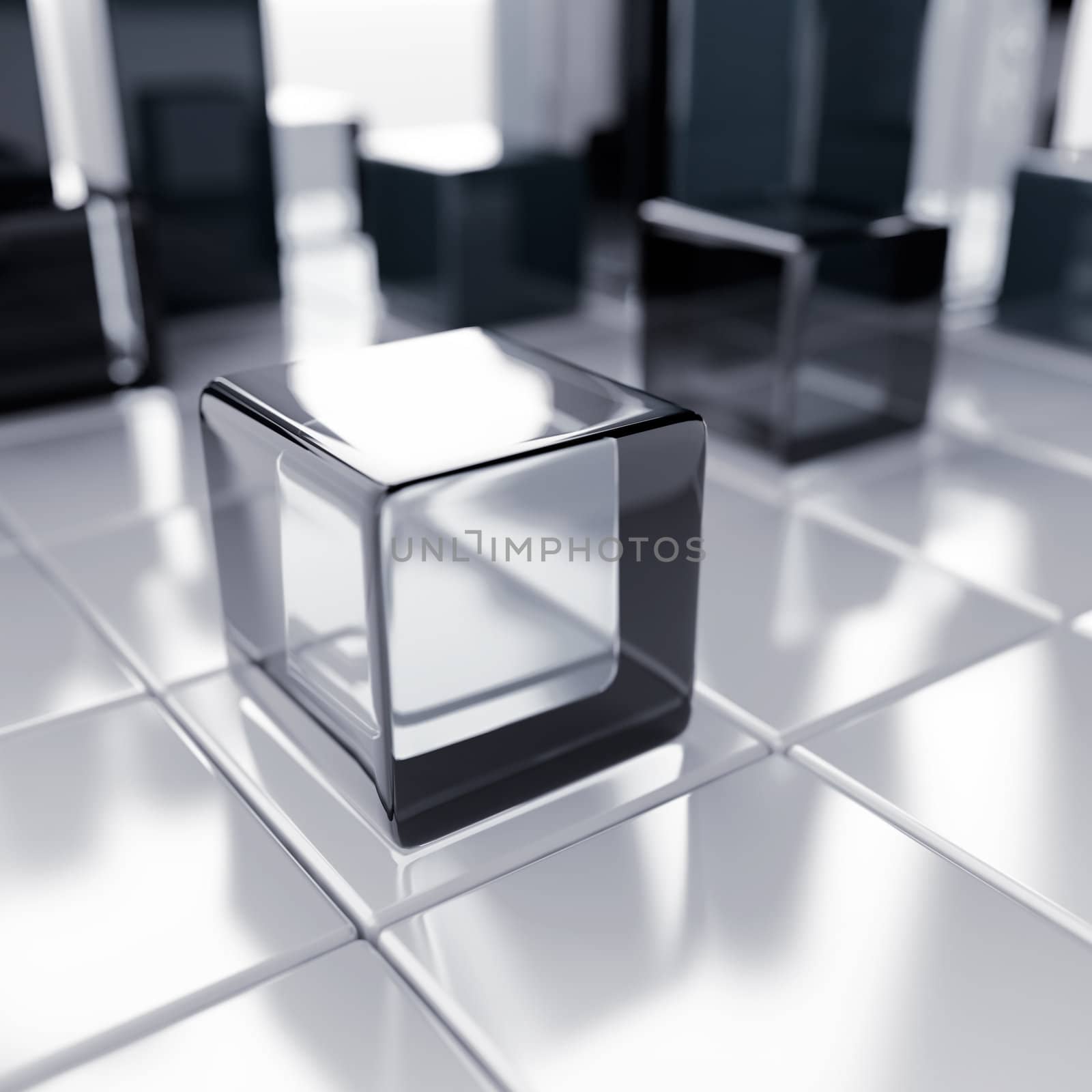 Abstract glass and blue metallic cubes on a white