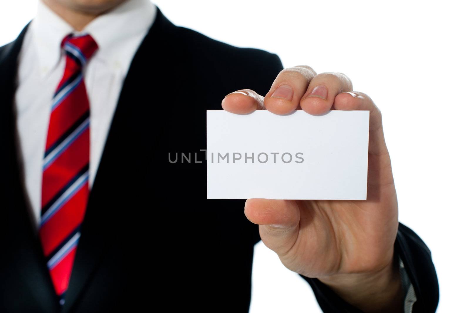Closeup shot of a man showing business card by stockyimages