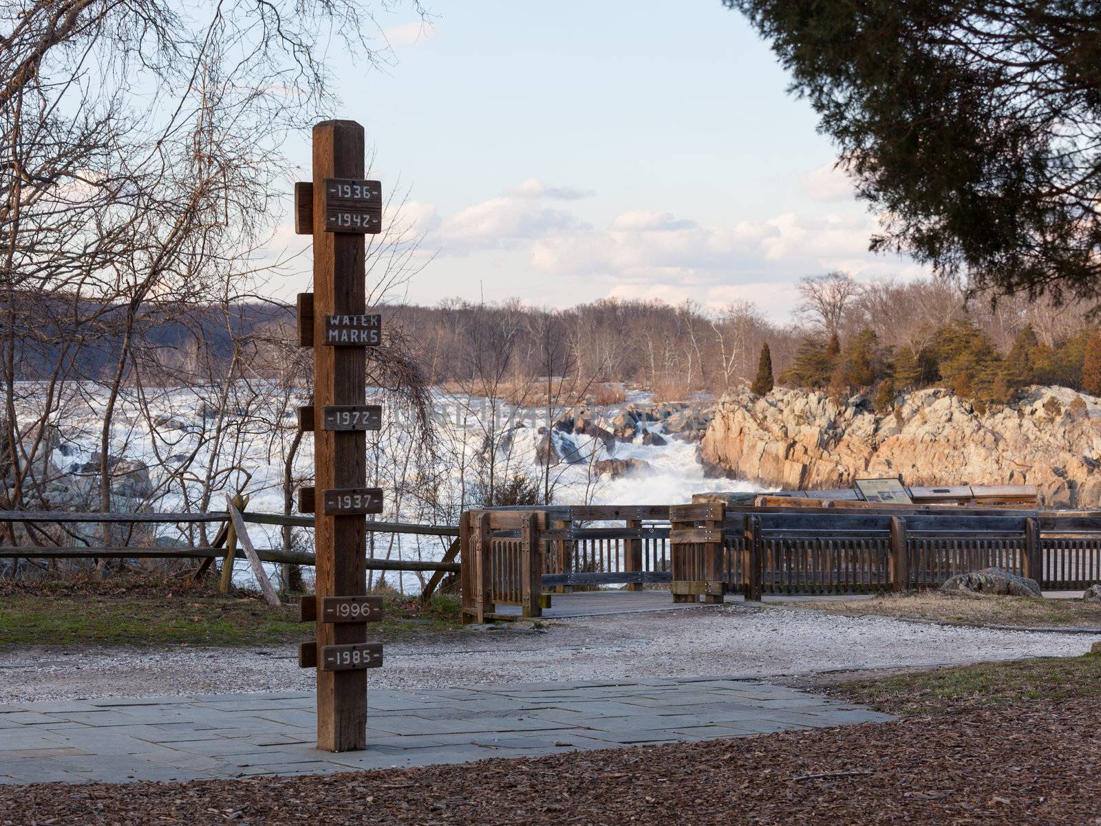 Great Falls on Potomac river outside Washington DC with flood marker pole