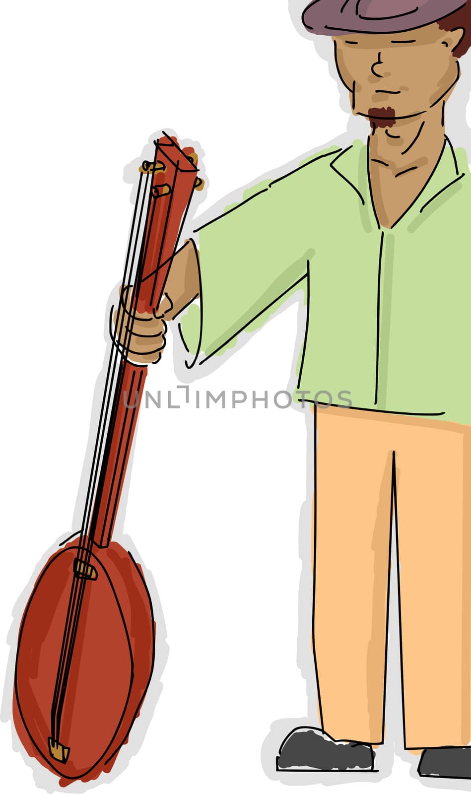 Man in hat holds a banjo over white background