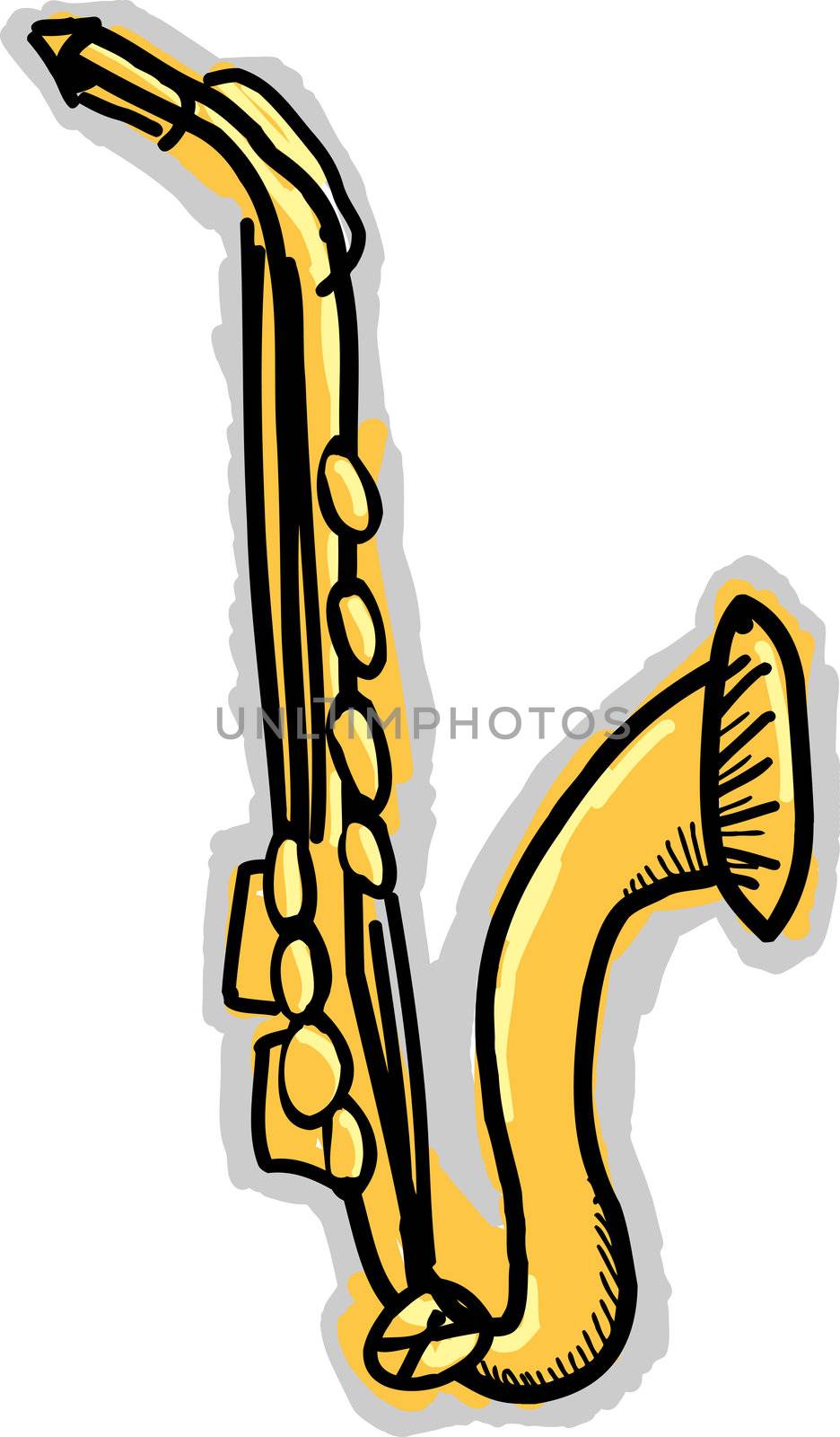 Doodle drawing of a saxaphone with sound coming from it