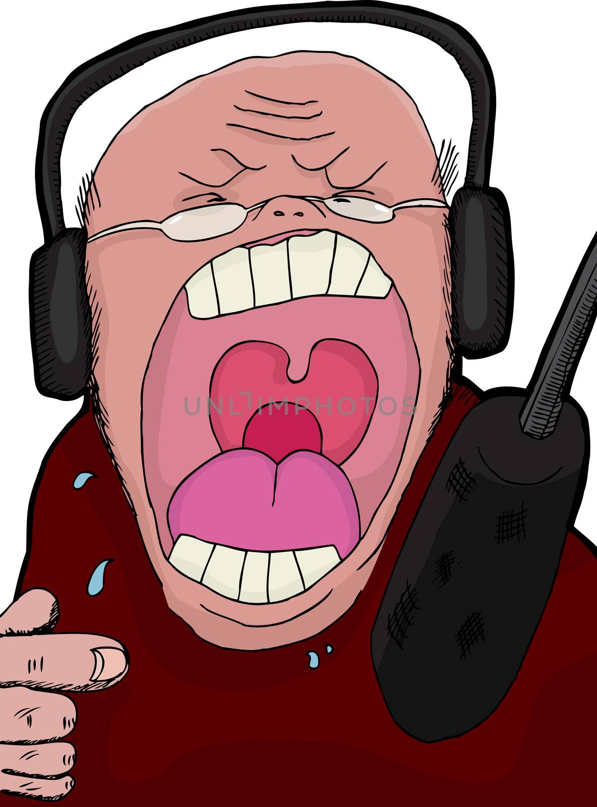 Angry talk show host screaming into a microphone