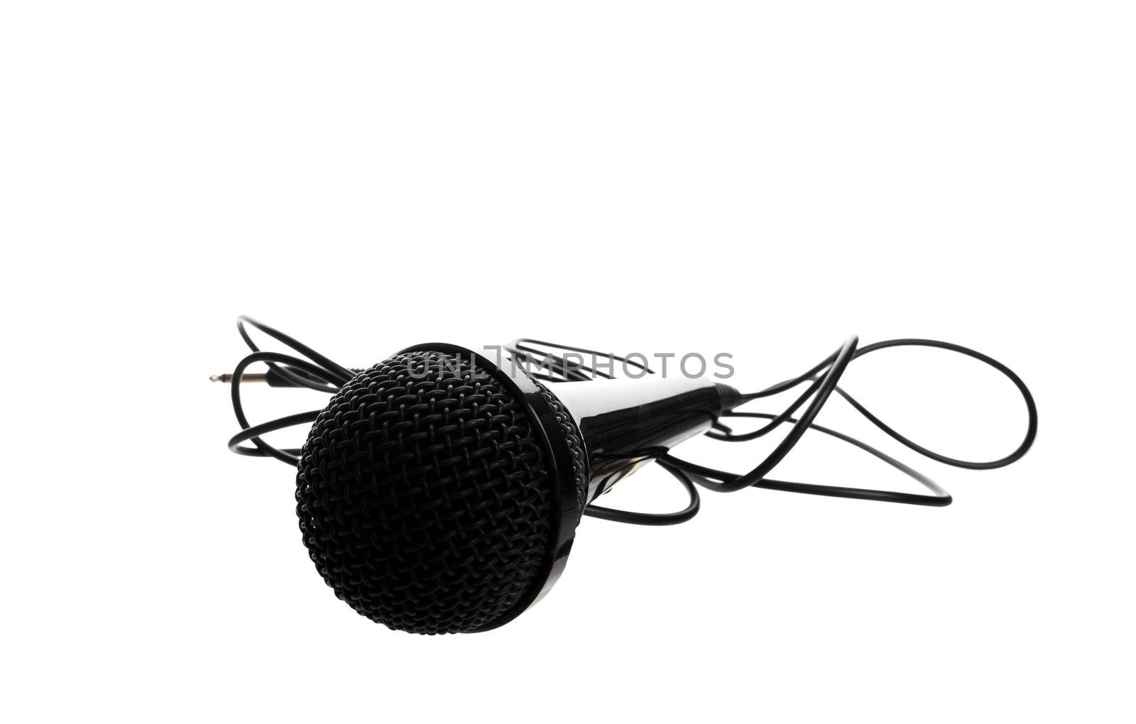 A black studio microphone shot on a white background.