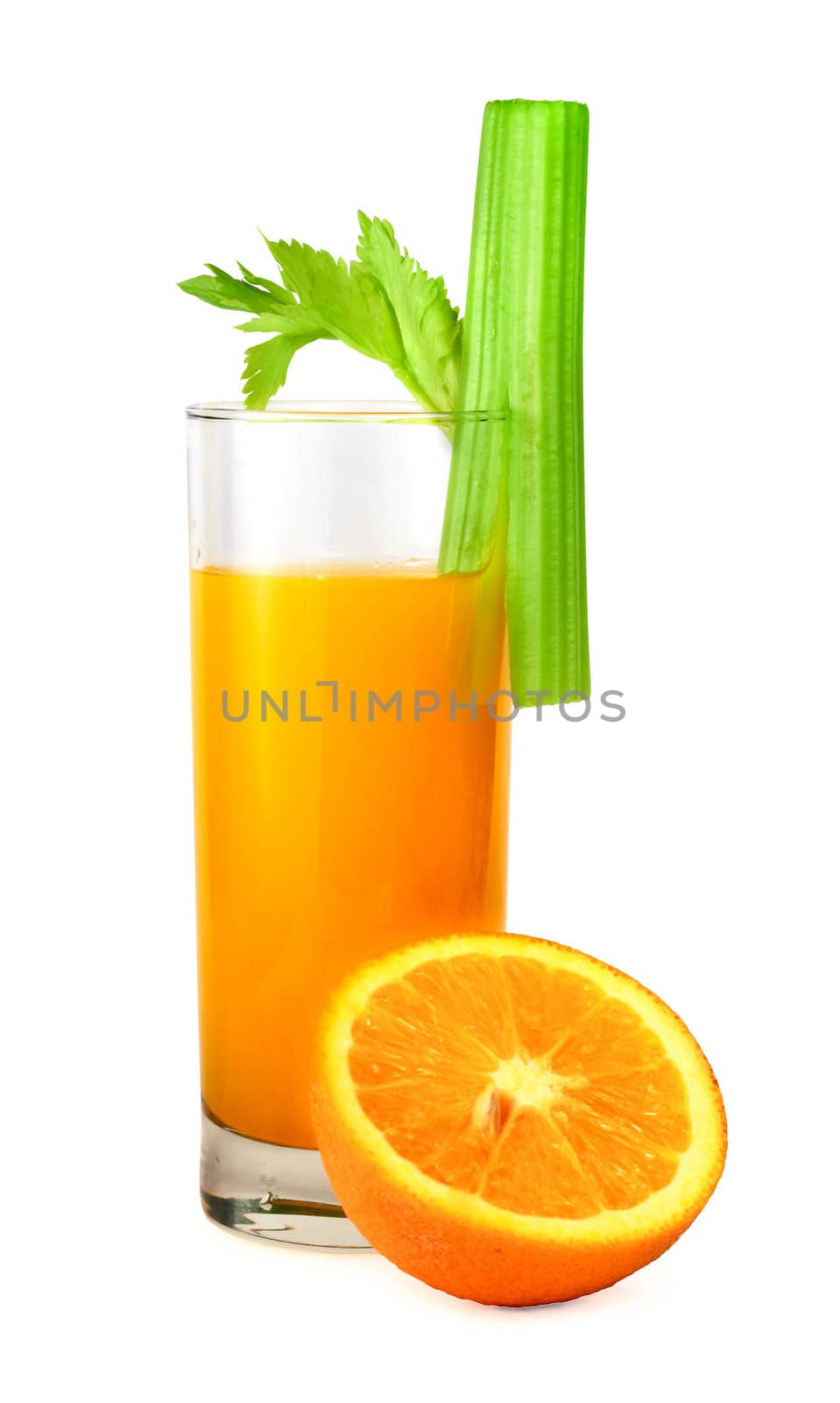 Juice and half of orange decorated with celery on white