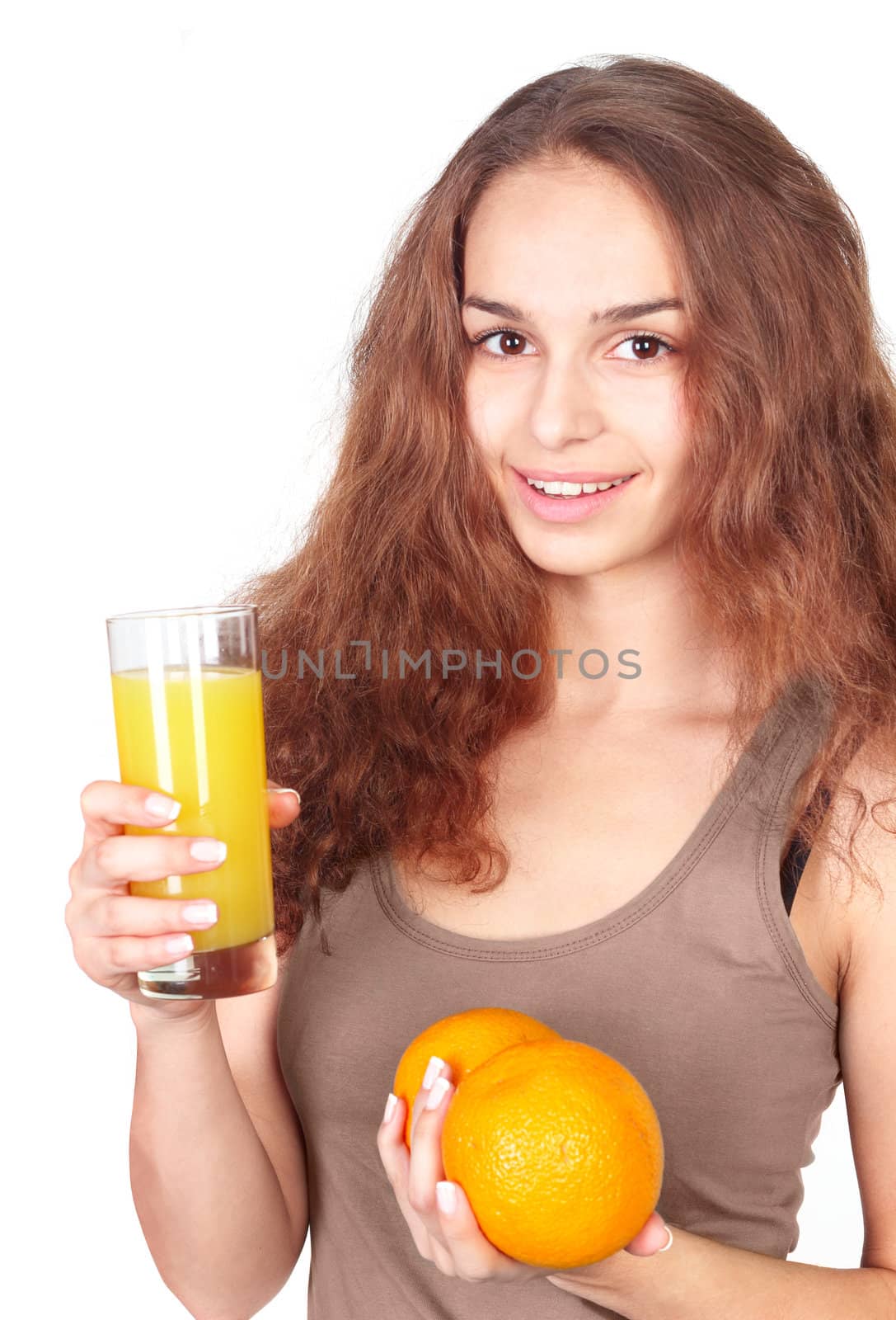 Woman with juice and oranges by destillat