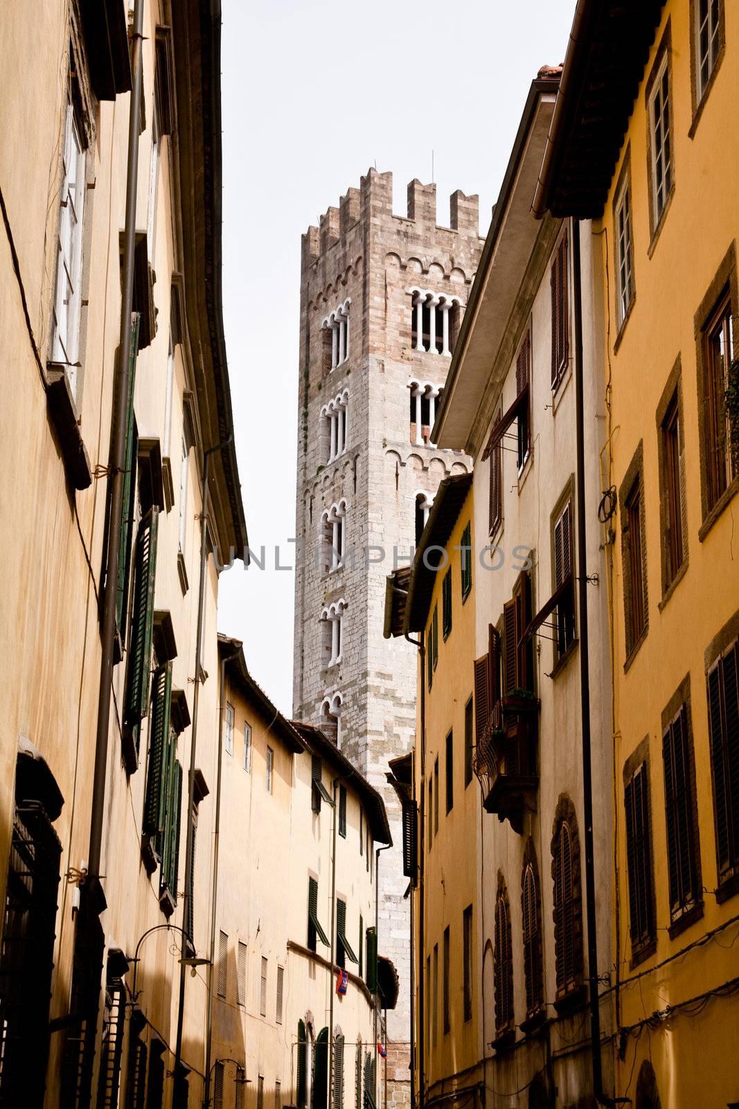 An old tower and small street in Lucca 
