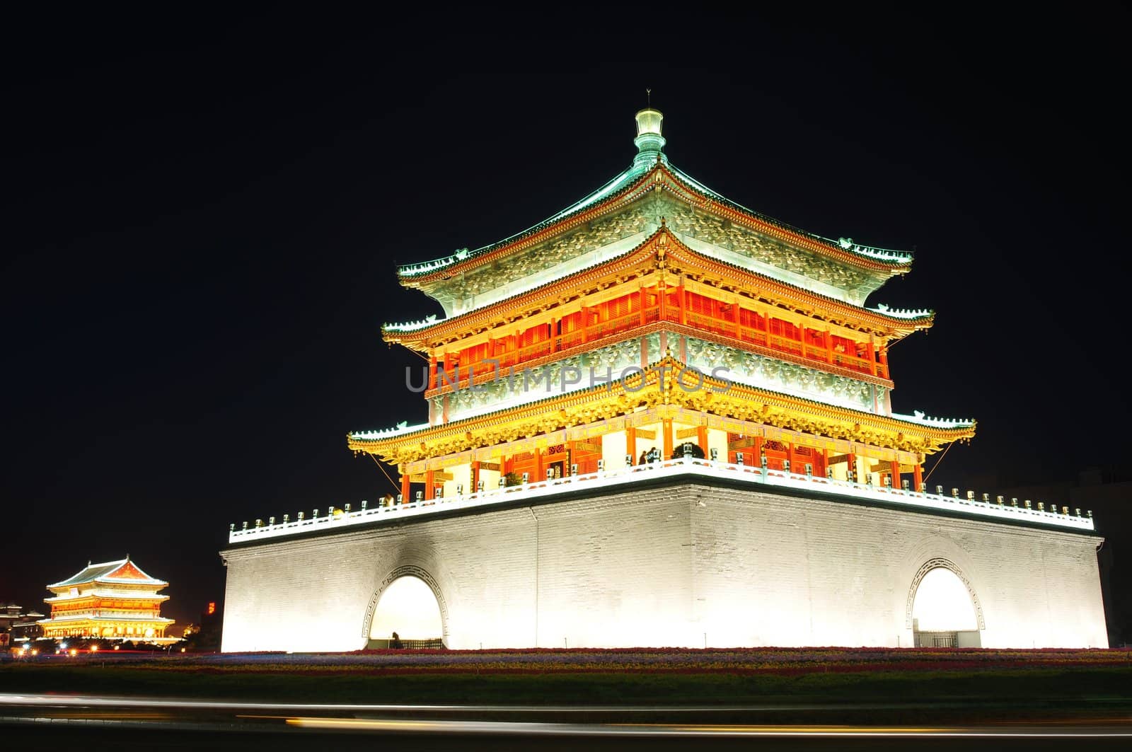 Night view of the famous landmark of Bell Tower in Xian, China
