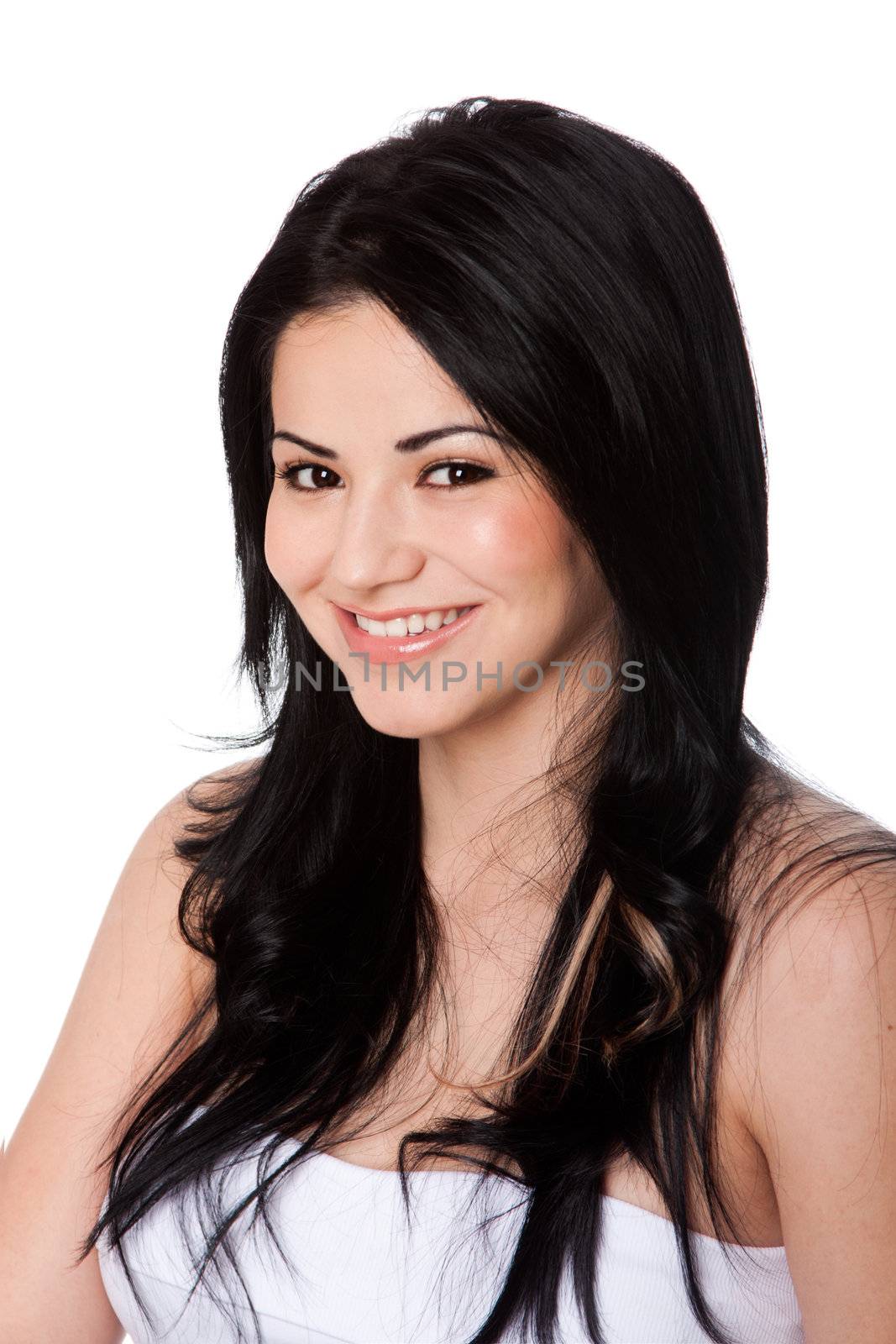 Beautiful attractive young woman smiling of happiness with perfect teeth and long black hair, isolated.