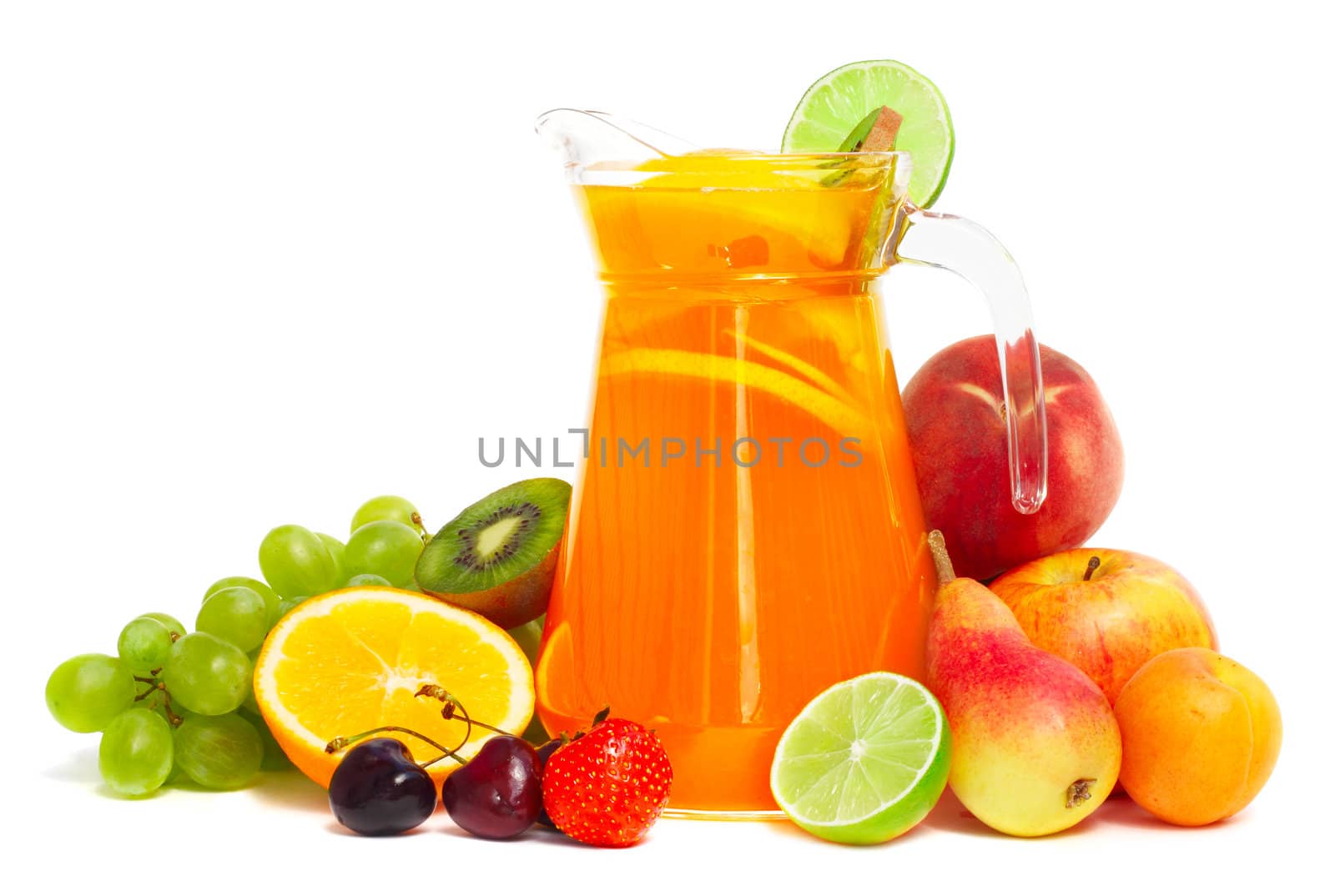 Fruit pile and juice in pitcher isolated on white by destillat