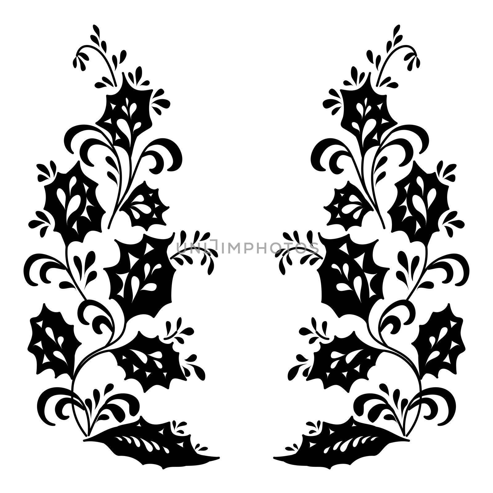 Abstract floral background, symbolical flowers, black silhouette on white