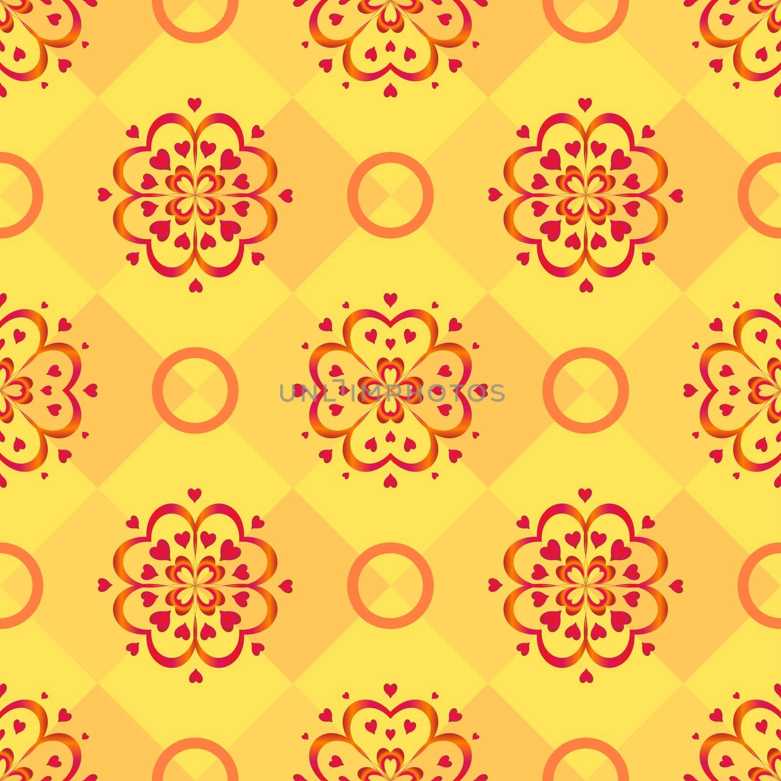 Abstract seamless background, red flower pattern and circles on the yellow