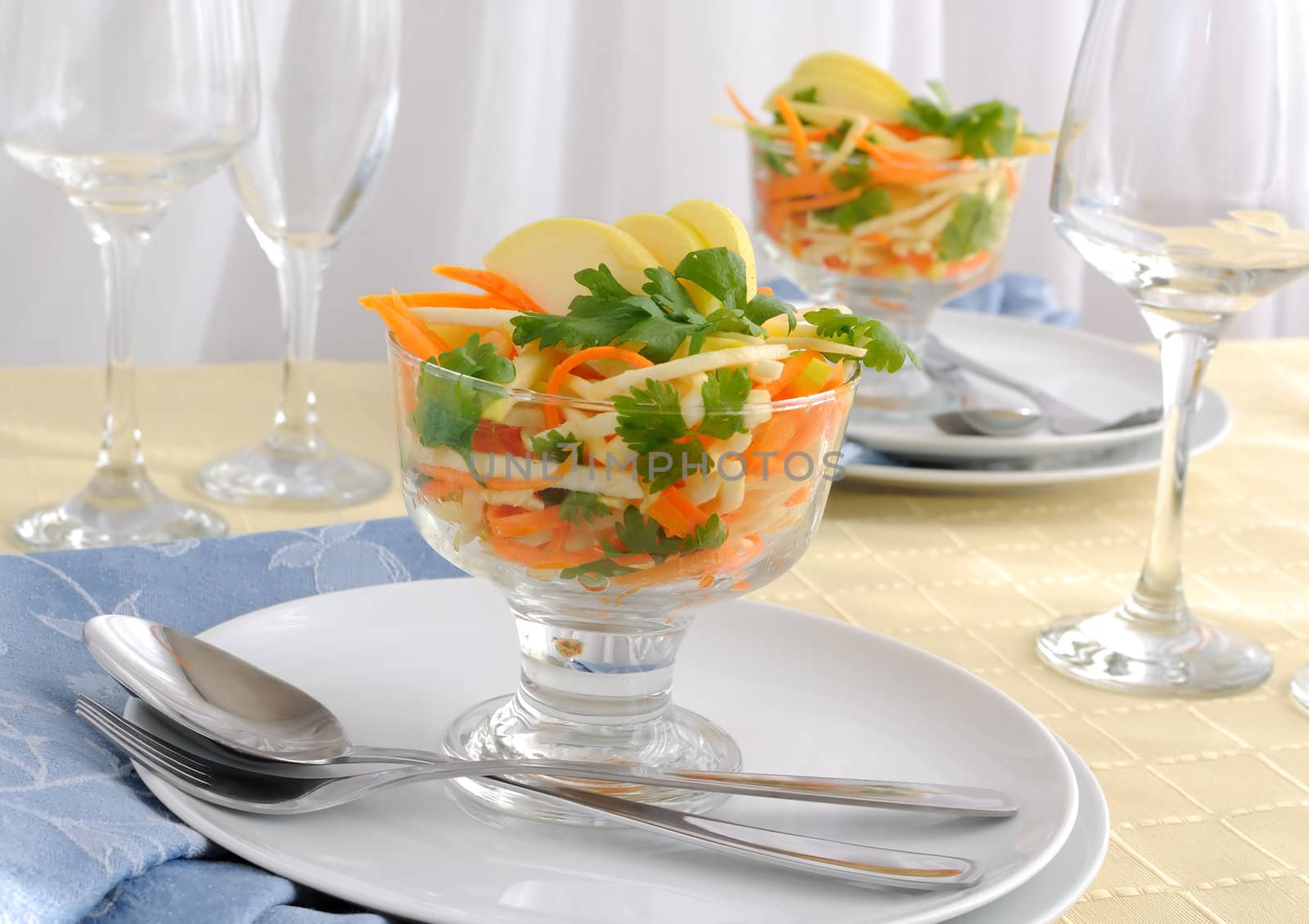 Salad of celery root and leaf, carrot and apple