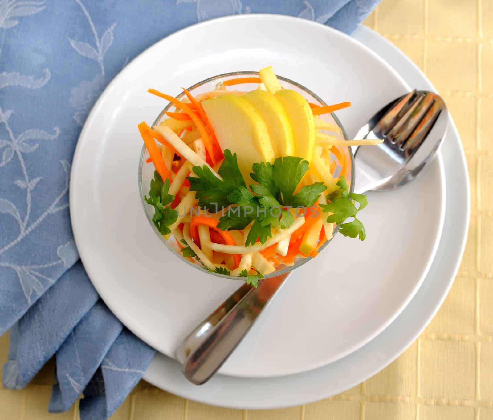 Salad of celery root and leaf, carrot and apple