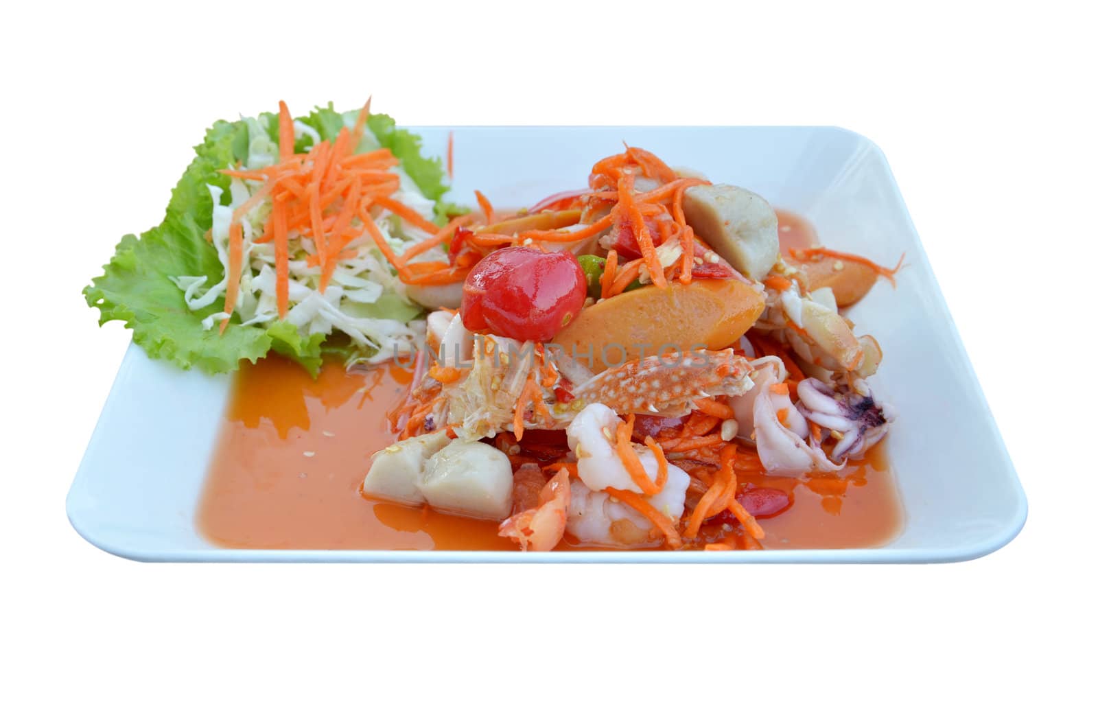 Thai cuisine ,  spicy seafood salad on white background 