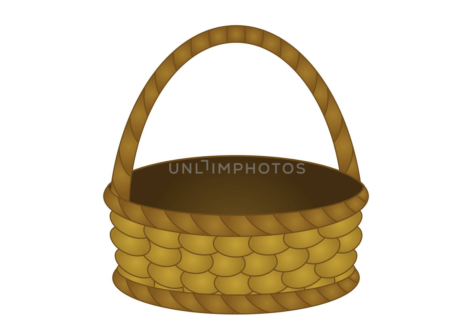 Old-fashioned wattled country basket with the handle and a flat bottom