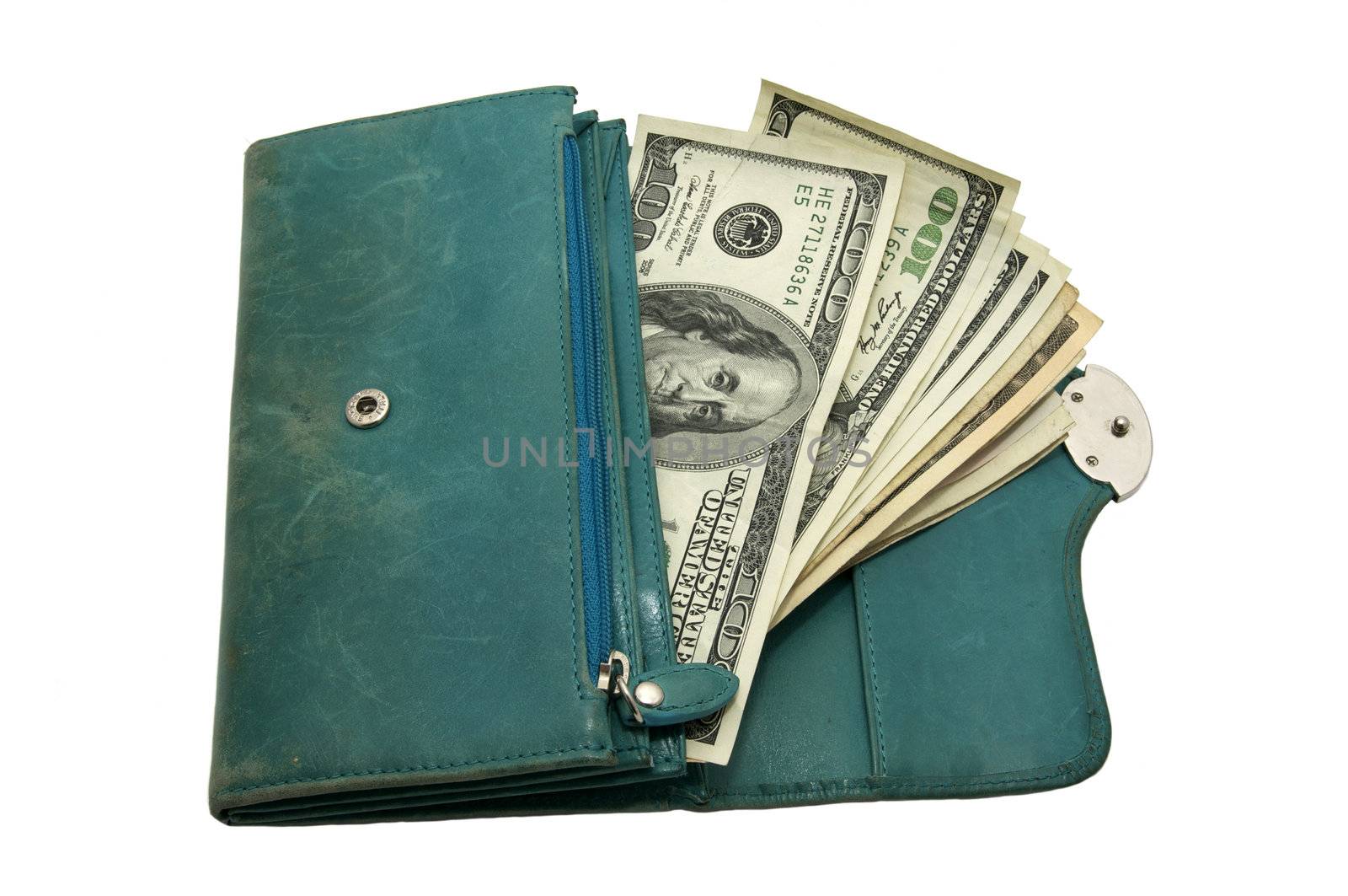 Women's wallet is opened with the money