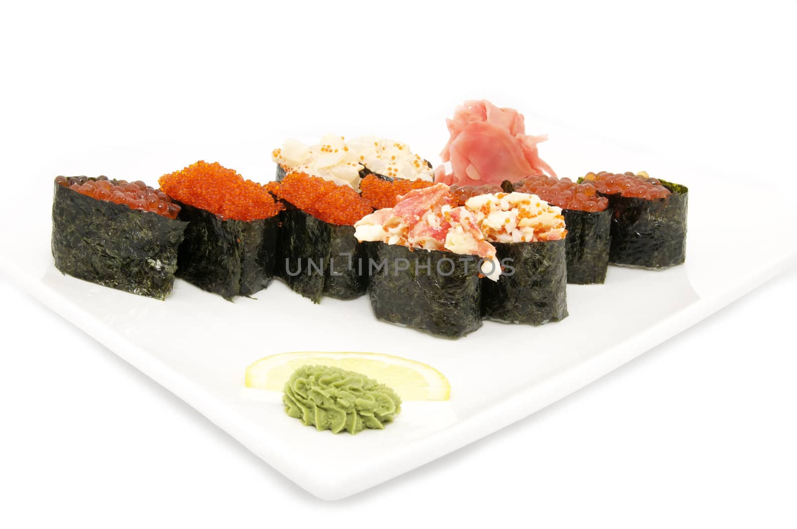 Japanese sushi on a plate on a white background