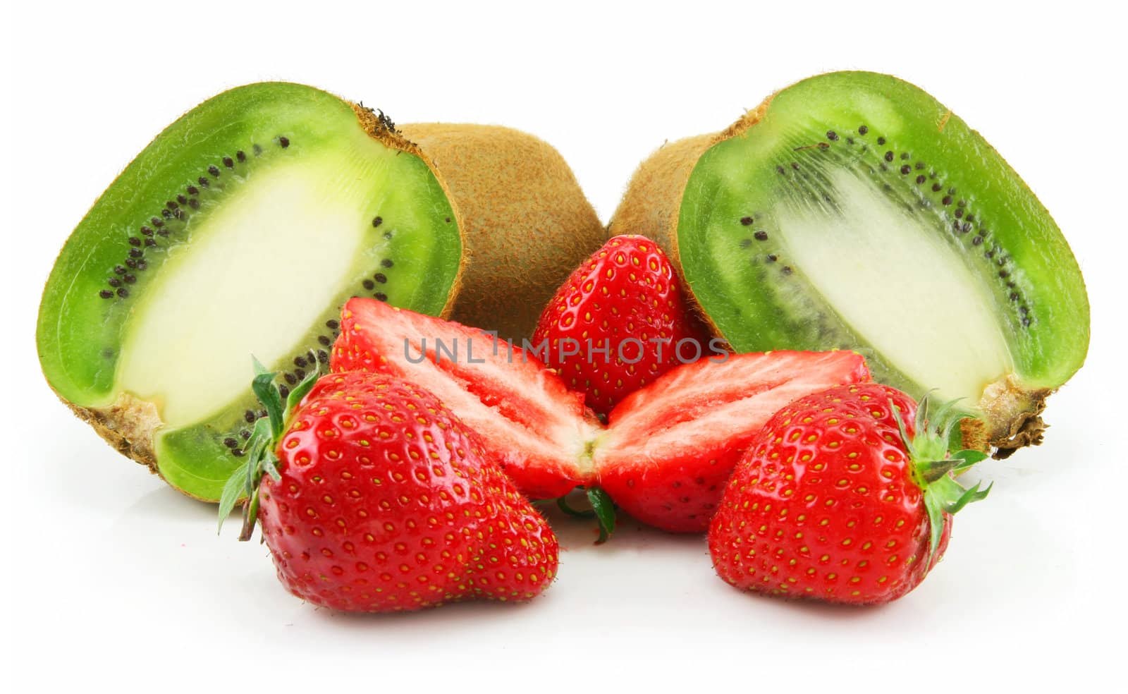 Ripe Sliced Kiwi and Strawberries Isolated on White Background