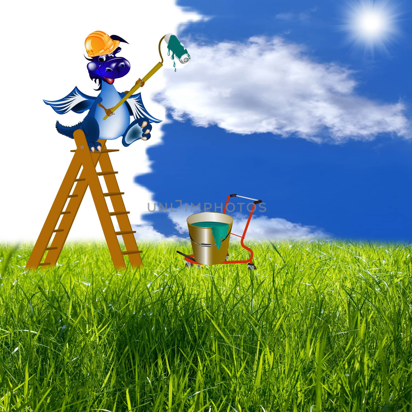 The dark blue dragon-house painter on a step-ladder will paint your life in colours of beauty and happiness