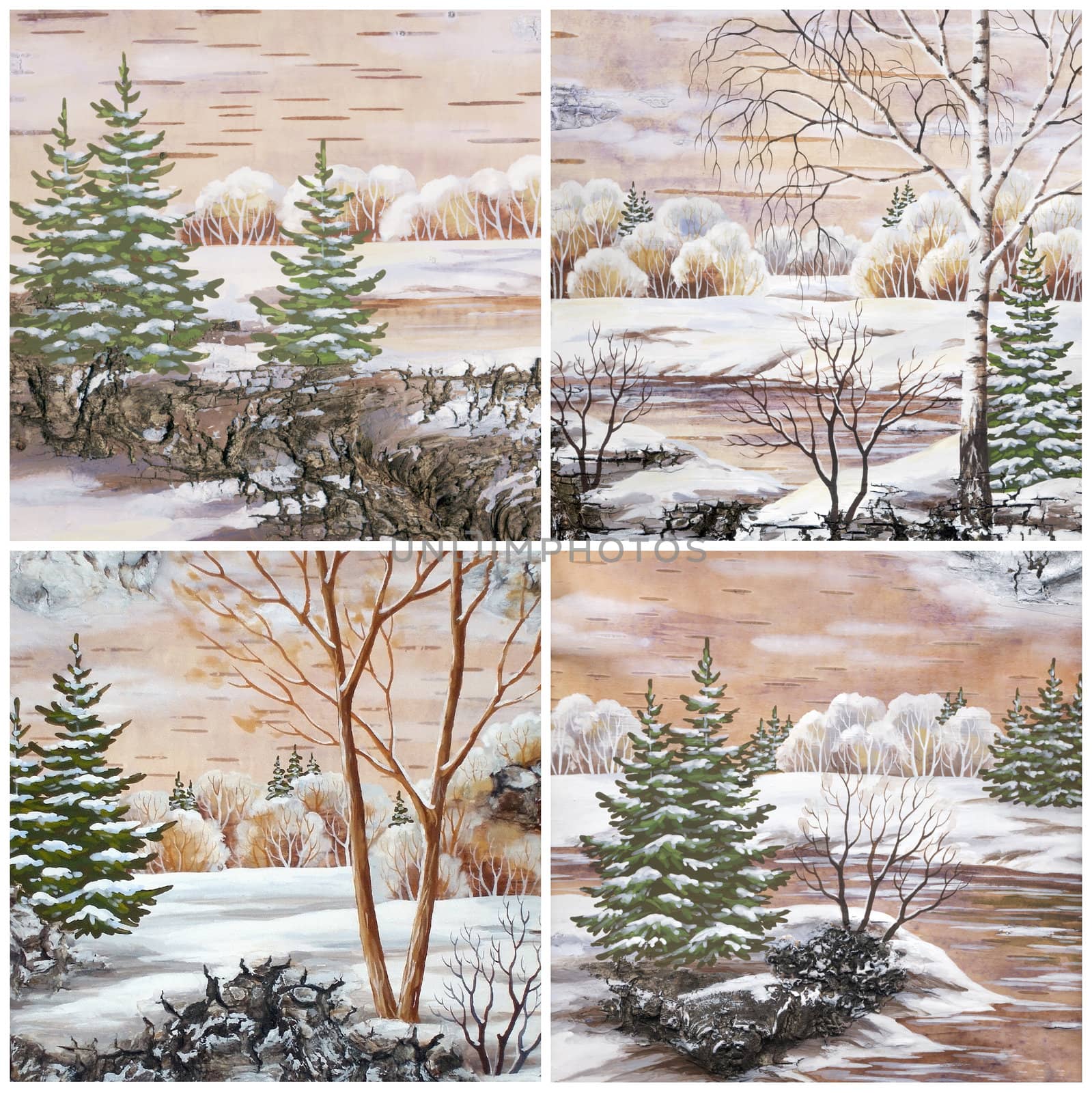 Pictures, set winter natural landscapes. Hand draw, distemper on a birch bark