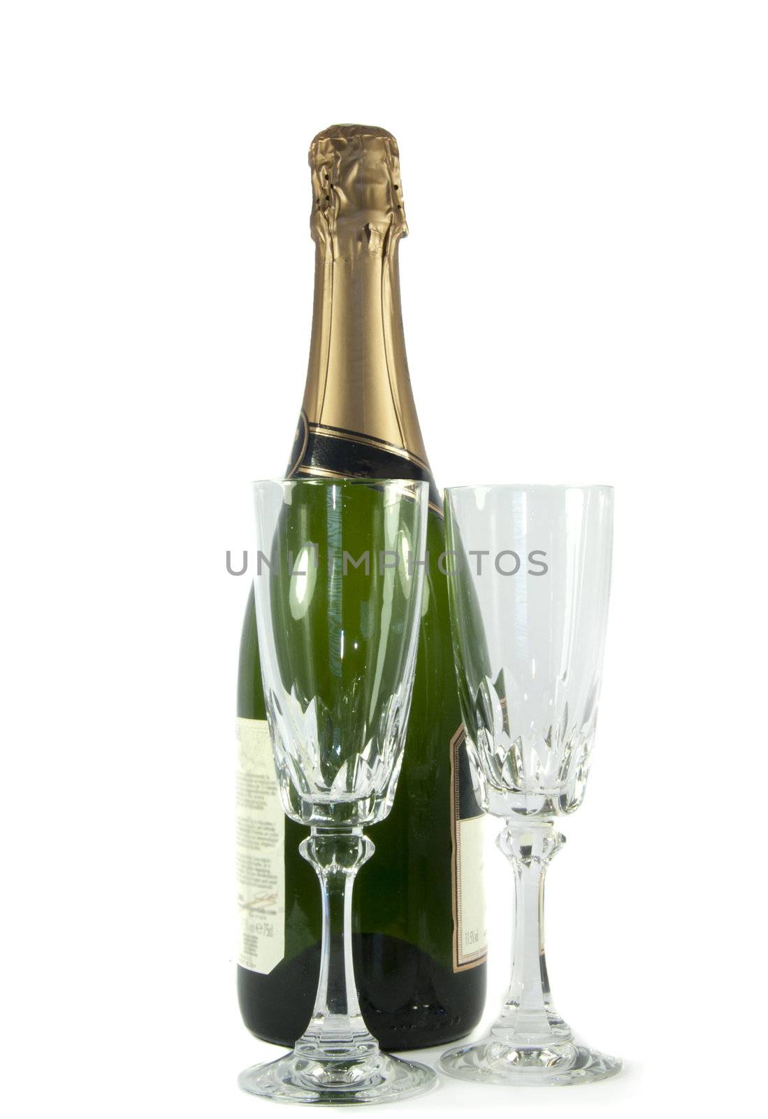 bottle champagne with two glasses by compuinfoto