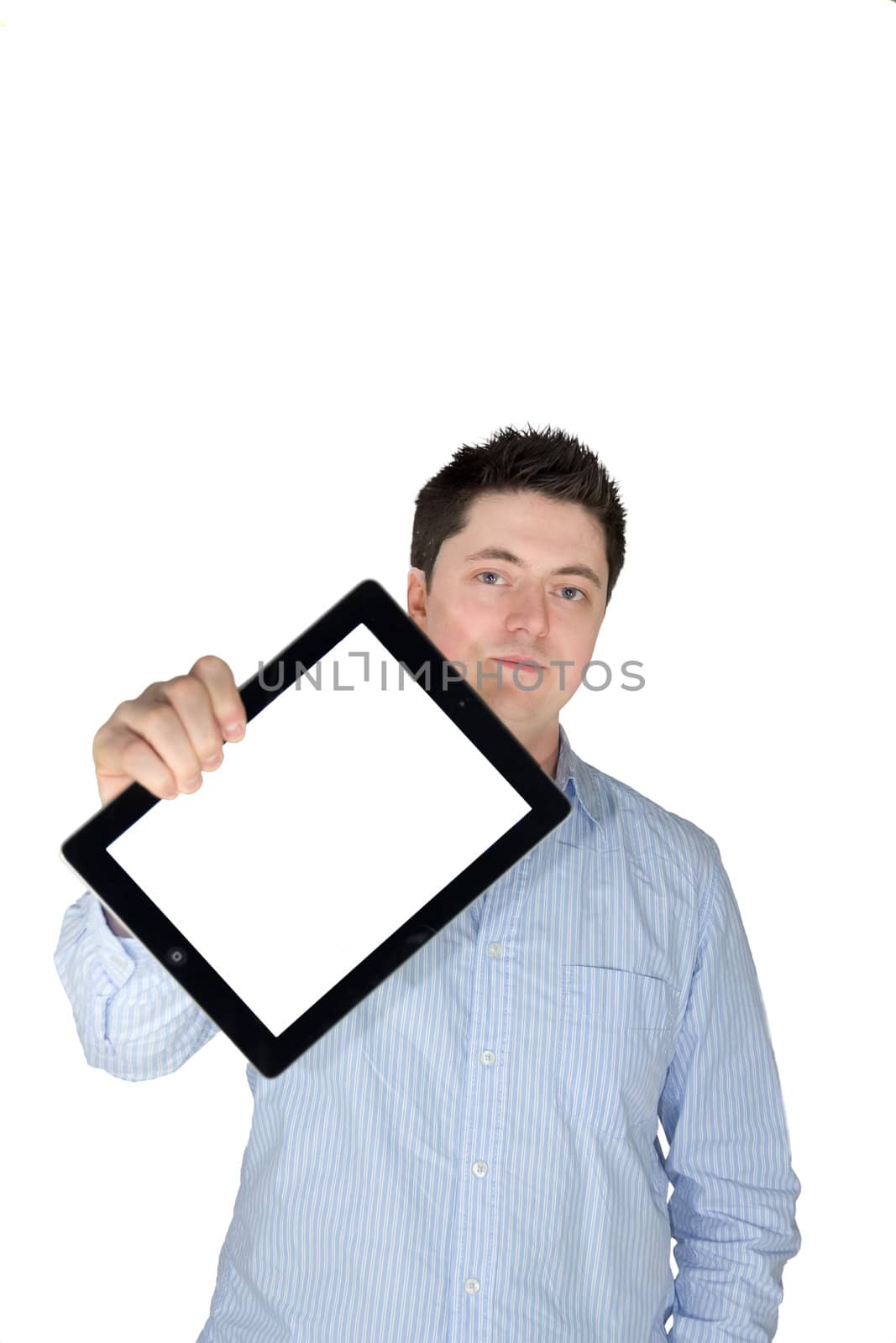 A picture of a man showing a tablet to the audience