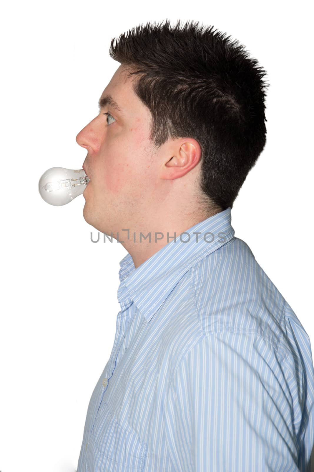 Picture of a man with a glowing lightbulb in his mouth