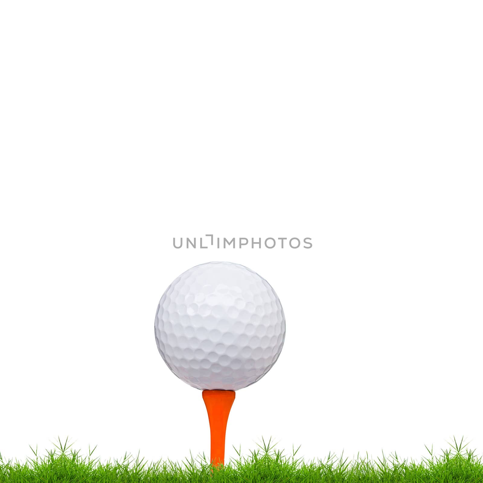 golf ball and tee on green grass isolated on white background