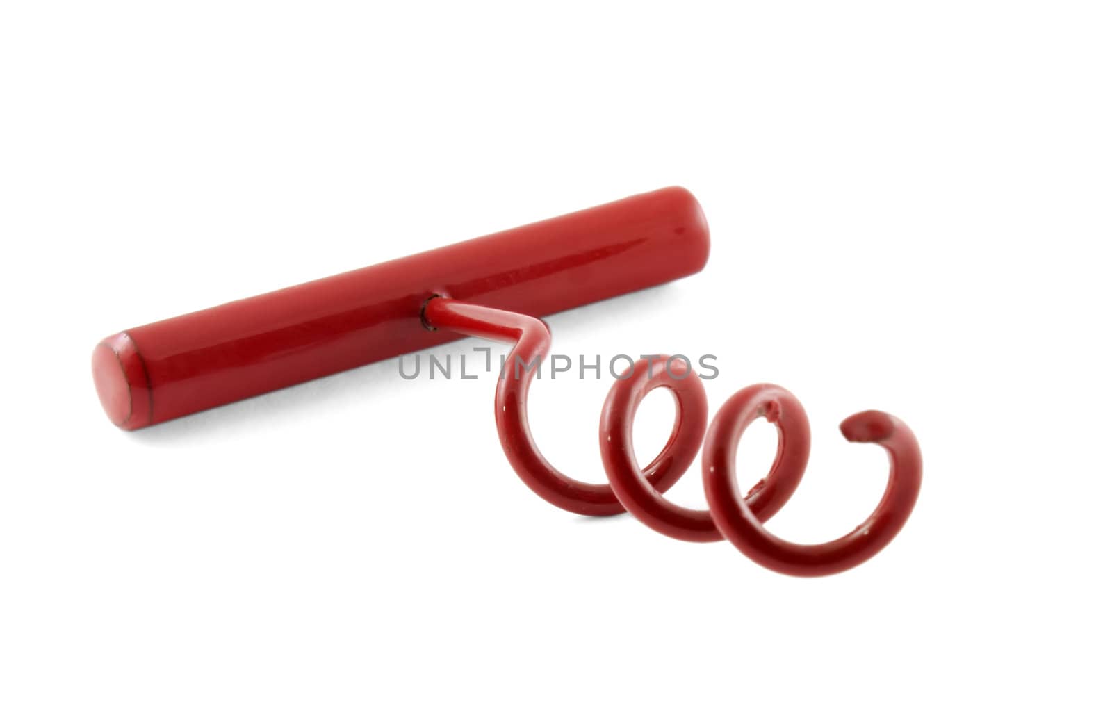 Red corkscrew for opening wine bottles.