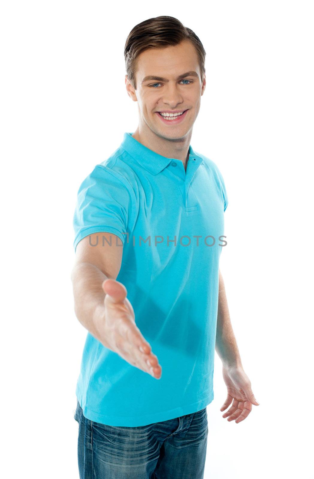 Charming young boy offering handshake isolated on white background