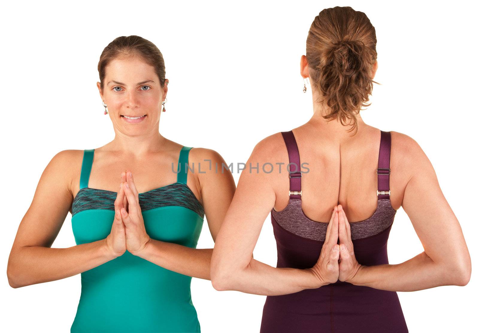 Two women in forward and backward namaskar salutation poses over white background