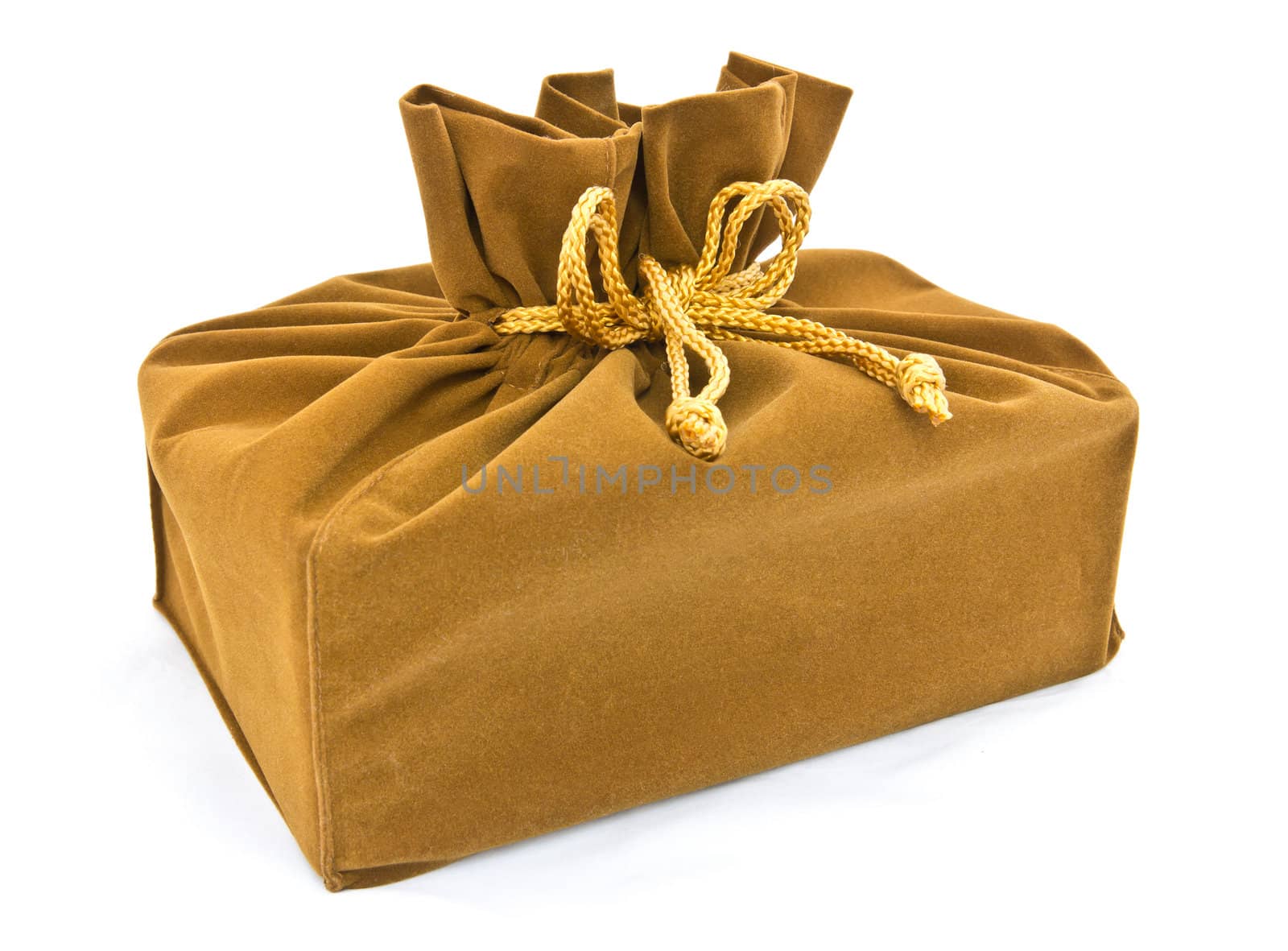 brown fabric gift bag on white background